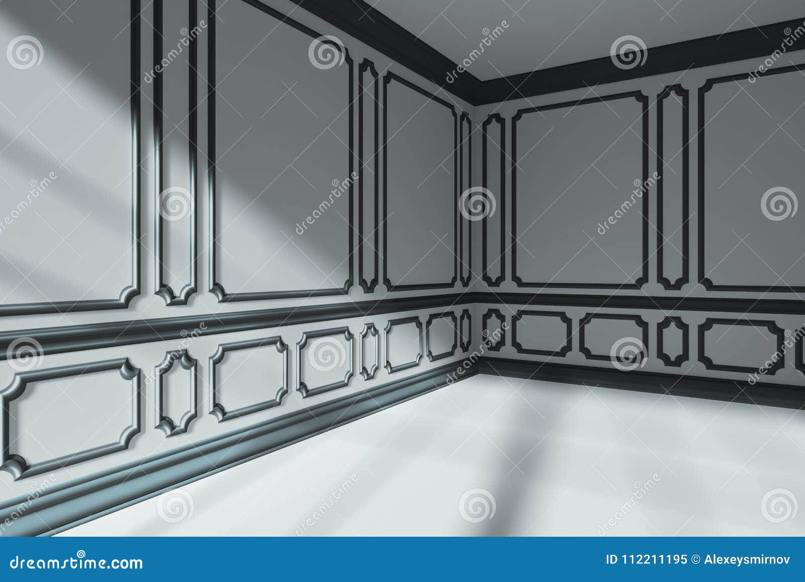 Corner In Empty White Room With Black Classic Style Decor On Walls
