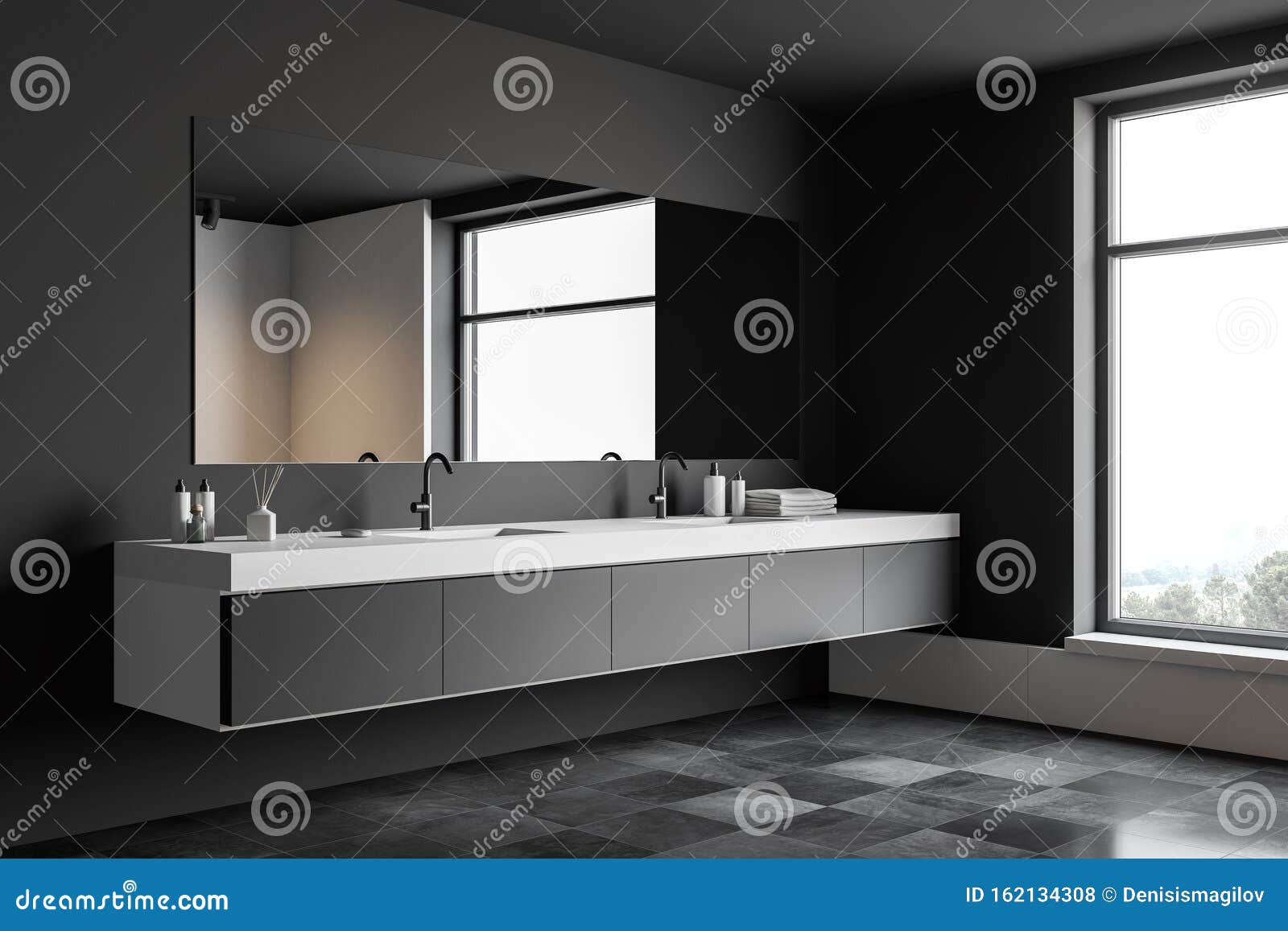Corner Of Gray Bathroom With Double Sink Stock Illustration
