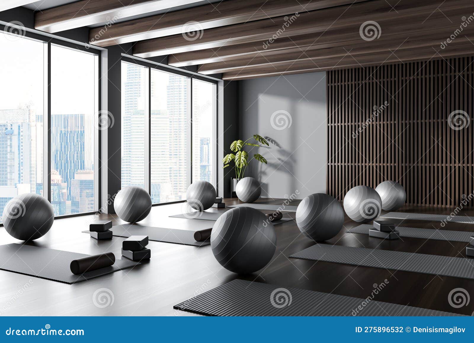 Gray and Wooden Yoga Studio Corner with Mats and Fitballs Stock  Illustration - Illustration of background, wall: 275896532