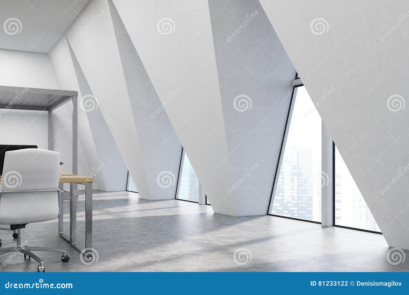 Corner Of An Office With Three Triangular Windows Stock