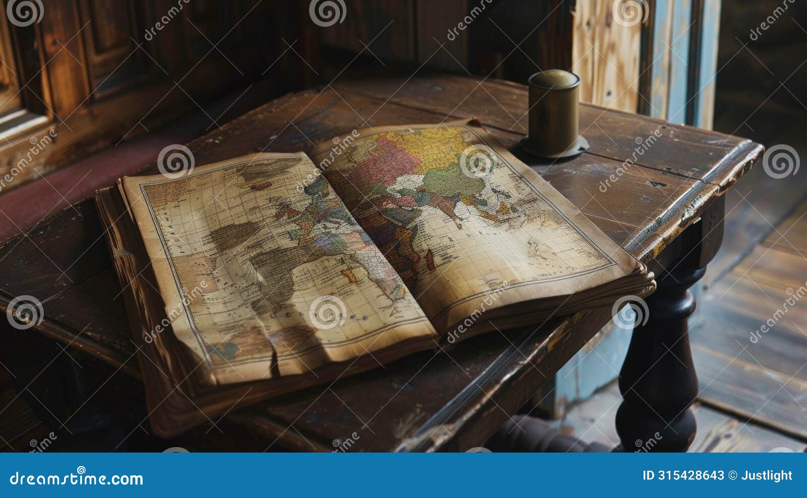 in the corner of the room a wooden side table is adorned with an oldfashioned atlas od to a page showing a detailed map