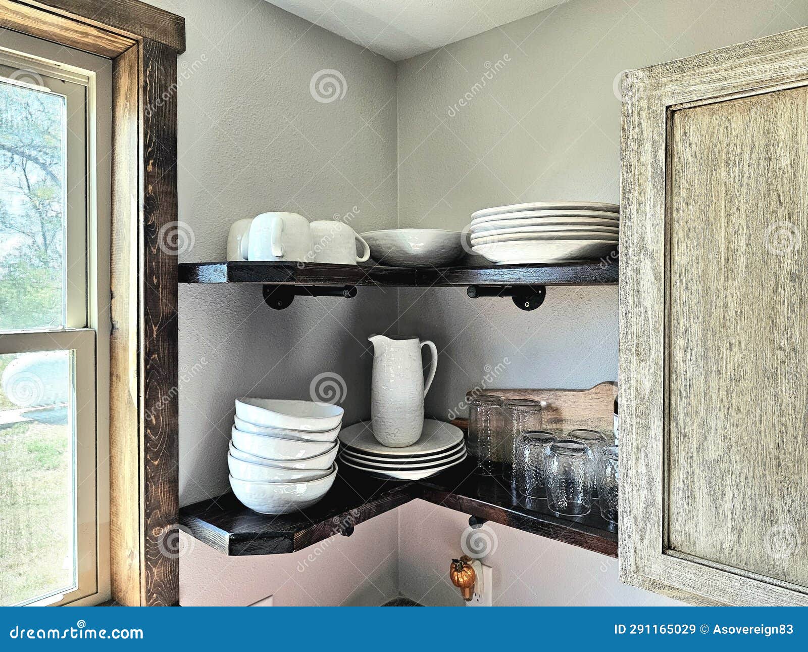 Corner Rustic Kitchen Shelves. Stock Image Image of window, shelf 291165029