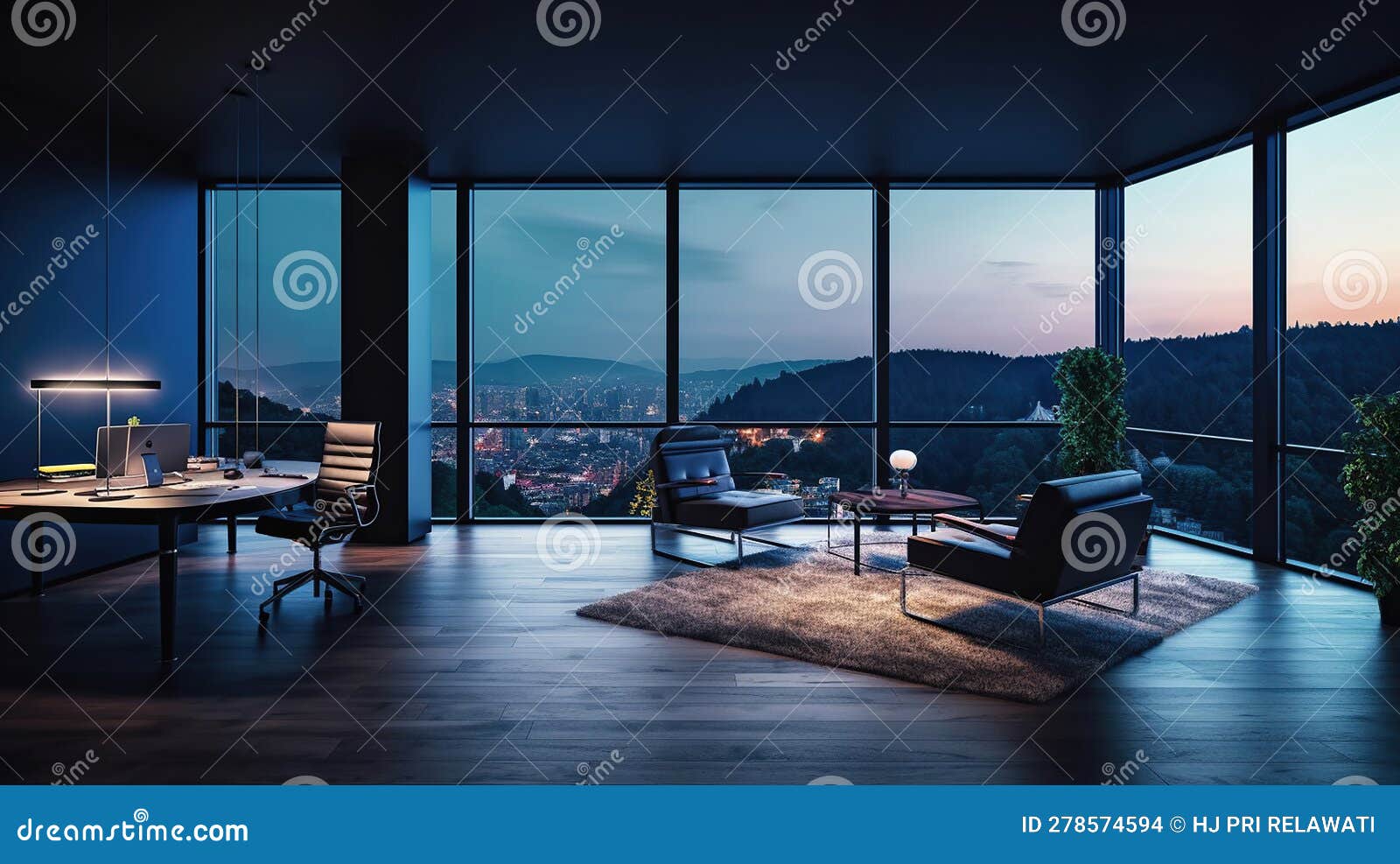 Corner View on Dark Office Room Interior with Panoramic Window