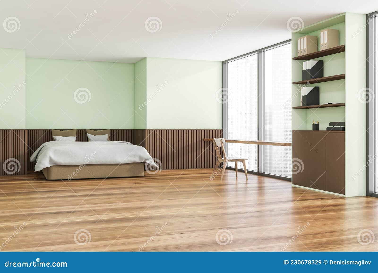 Corner View of Trendy Light Green Bedroom with Home Office Area Stock  Illustration - Illustration of chair, corner: 230678329