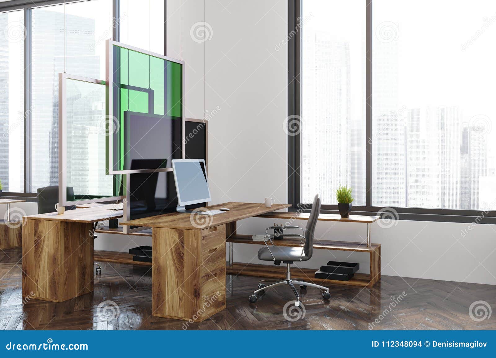 Corner Of A White And Green Office Stock Illustration