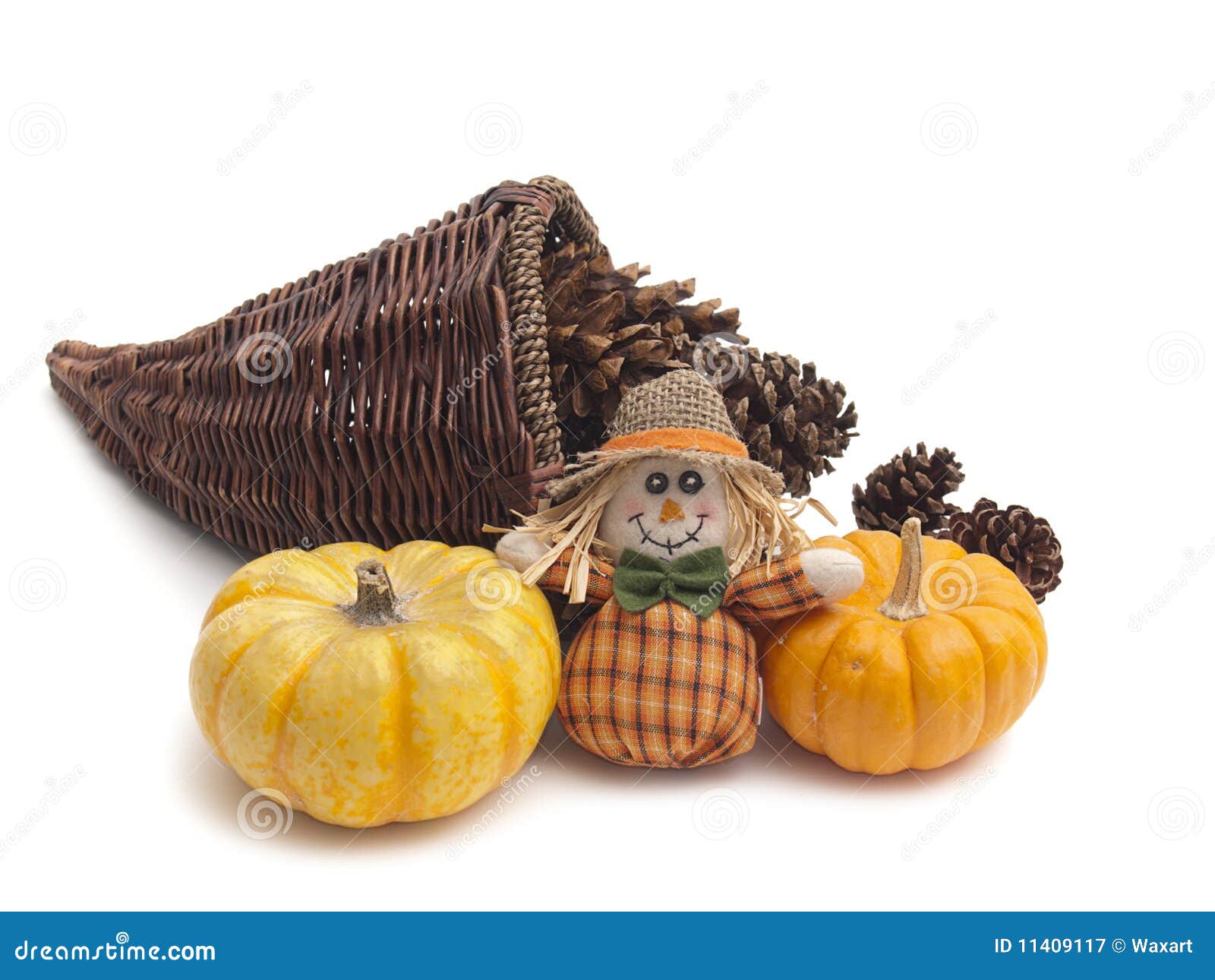 Cornucopia Basket with Pine Cones and Pumpkins Stock Image - Image of ...
