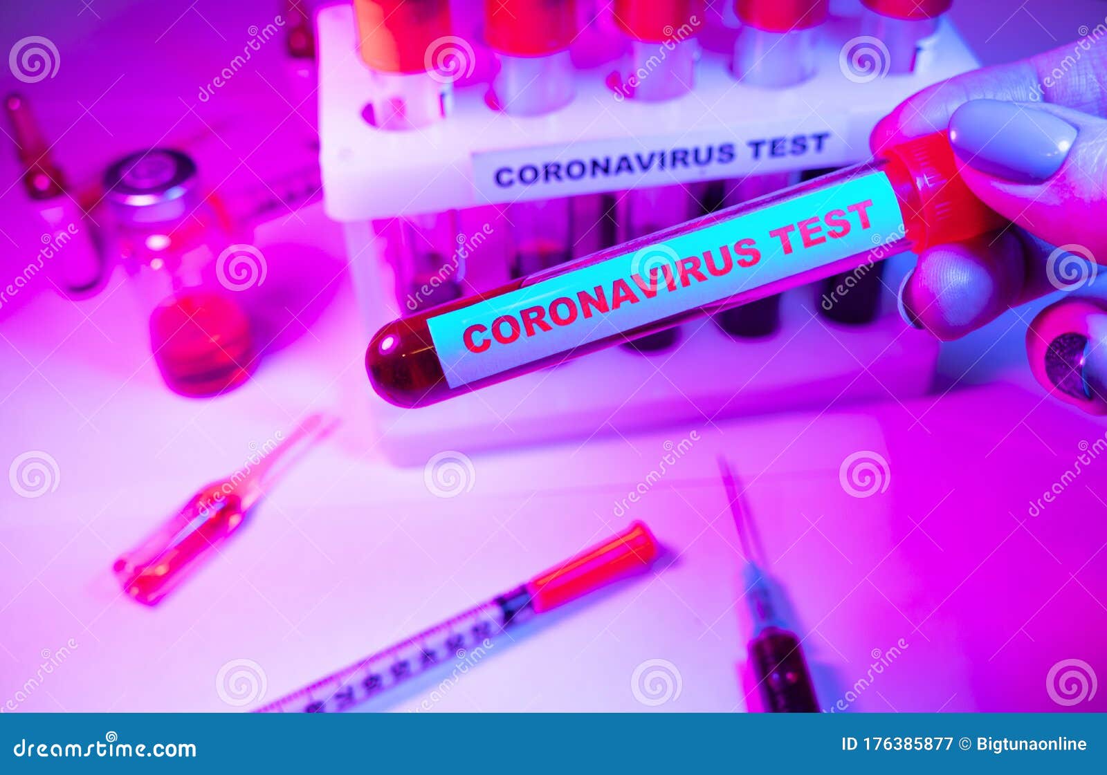 Coronavirus Blood Test Concept. Analyzing Blood Sample in Test Tube for
