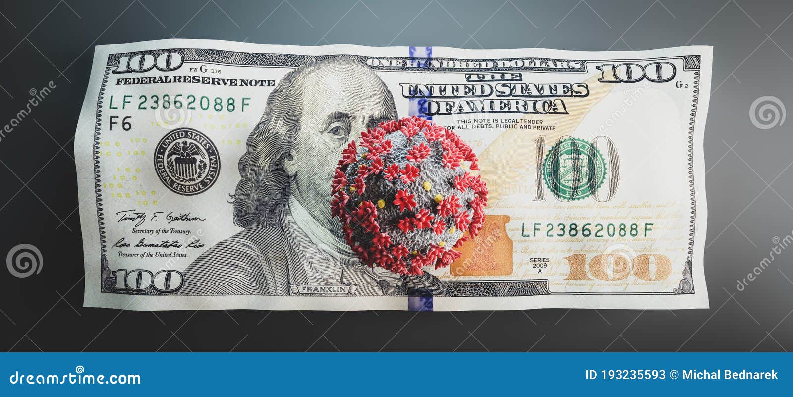 coronavirus covid19 on one hundred dollar bill. economic crisis