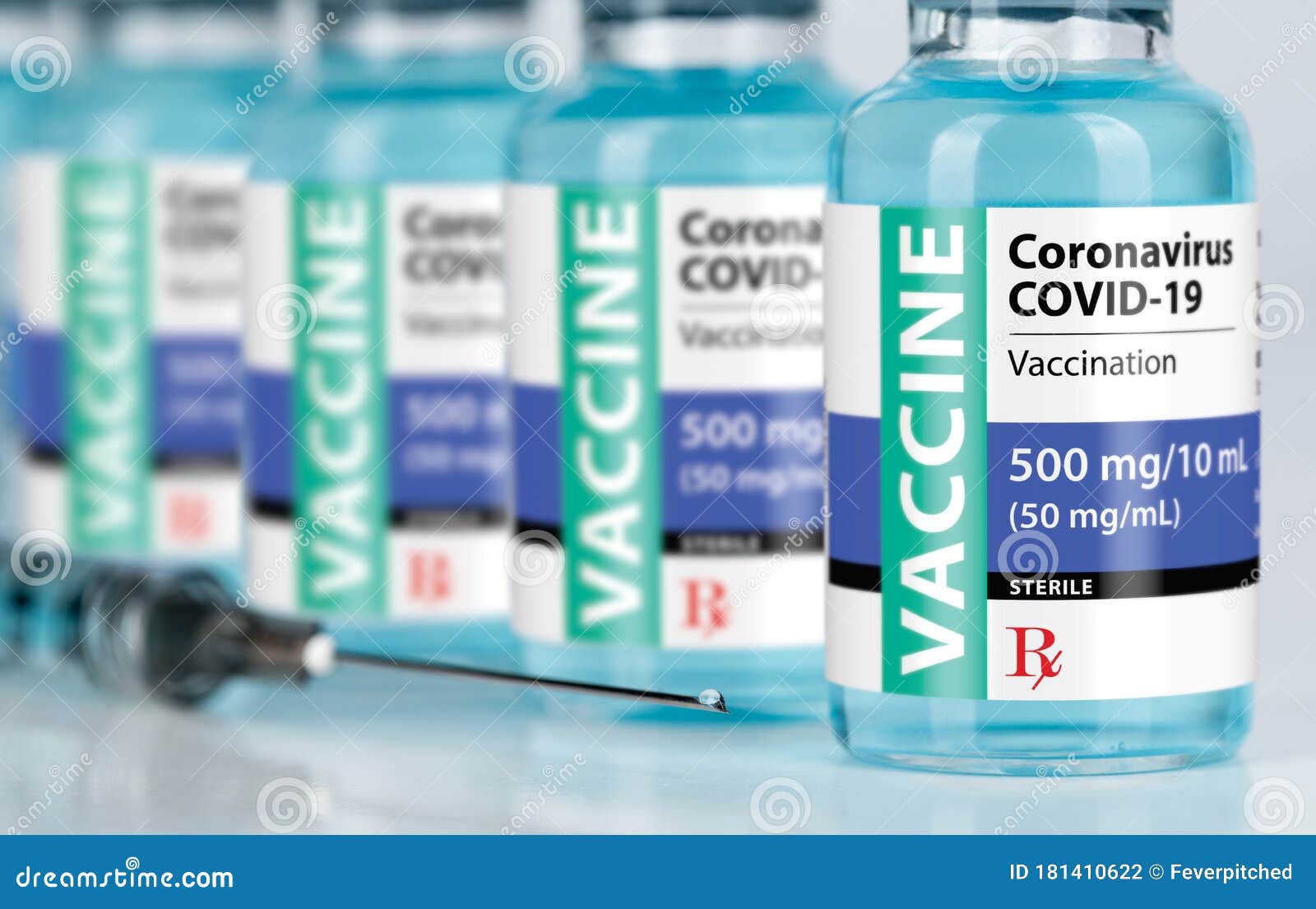 coronavirus covid-19 vaccine vials and syringe on reflective surface