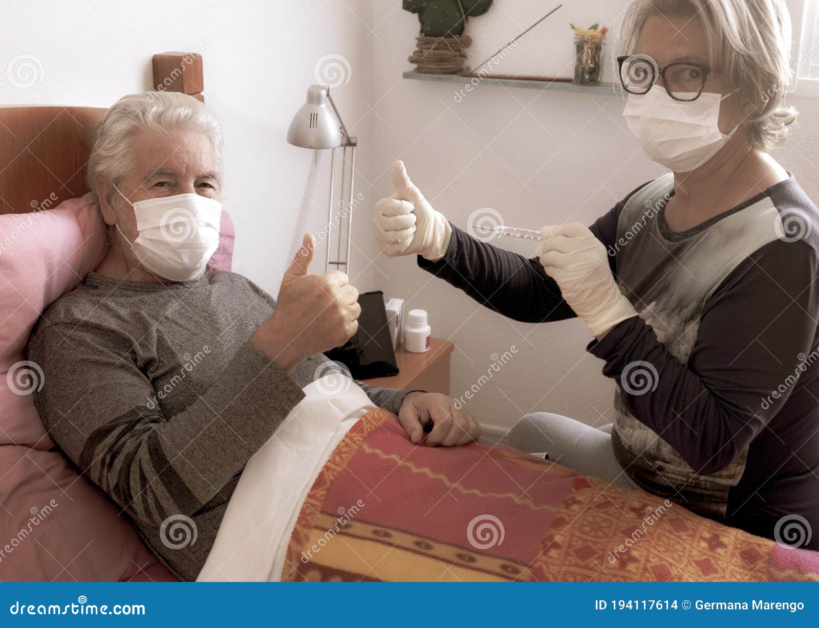 Coronavirus Elderly Man Lies In Bed At Home Wearing Medical Mask His