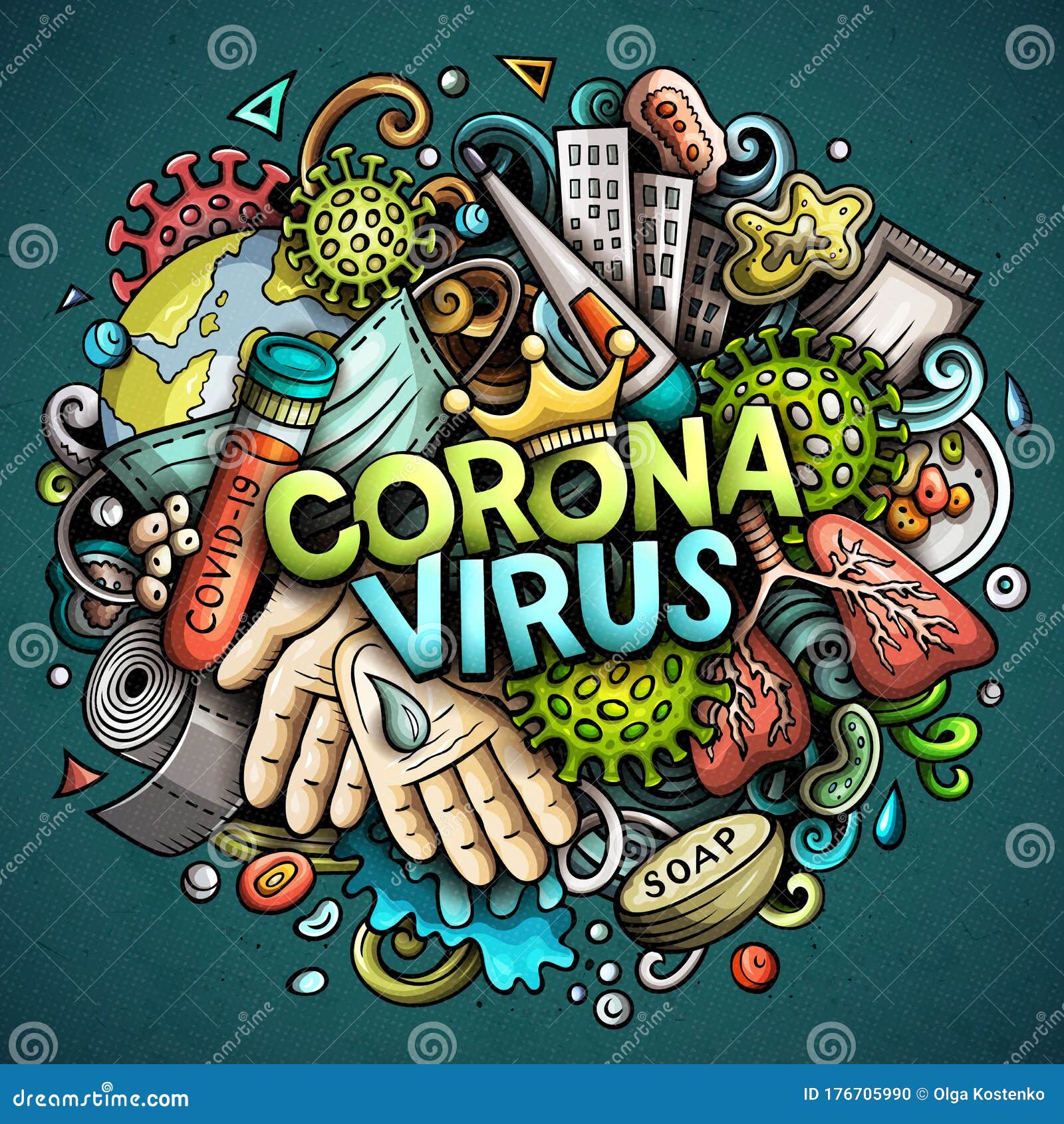 Coronavirus Hand Drawn Cartoon Doodles Illustration. Colorful Composition  Stock Vector - Illustration of coronavirus, pandemic: 176705990