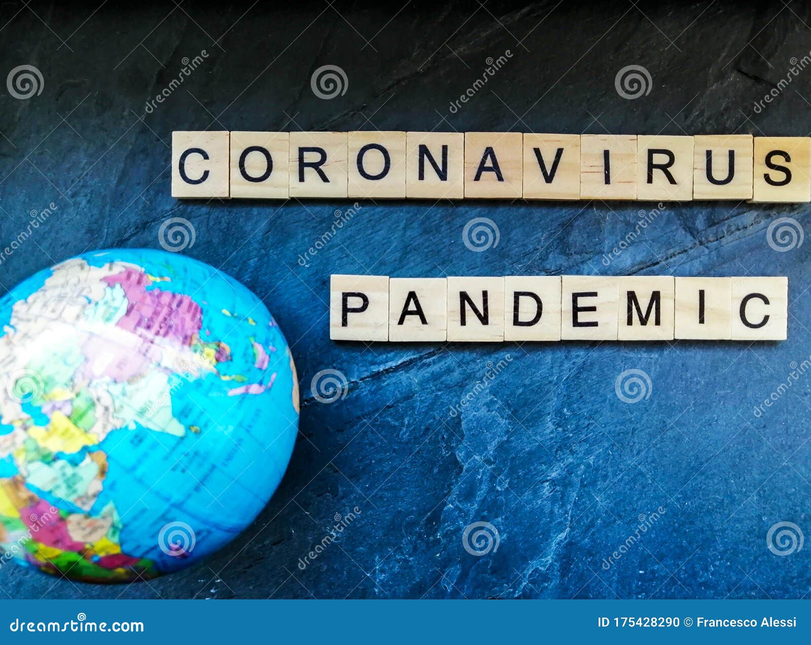 coronavirus pandemic text with globe on blue background