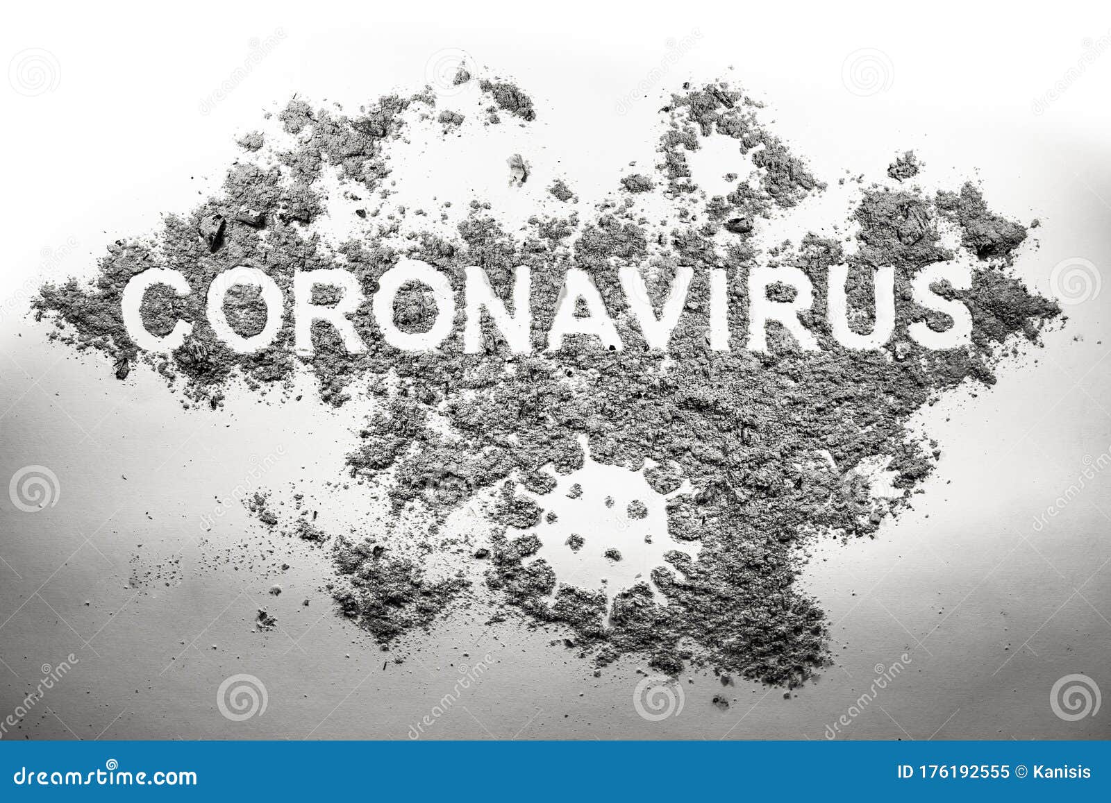 coronavirus word and germ microbe silhouette drawing made in dirt, filth