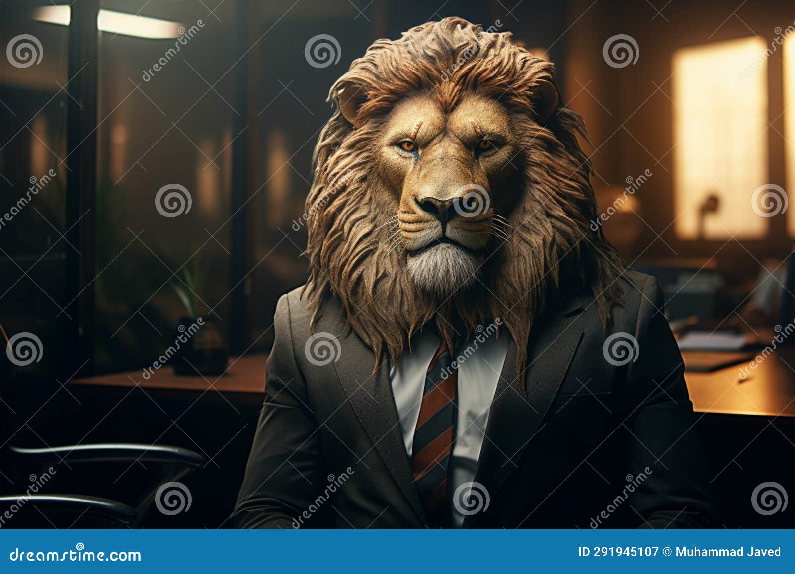 a corporate executive, with a lions head, presides over the office