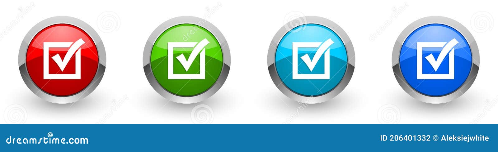 correct, check box silver metallic glossy icons, set of modern  buttons for web, internet and mobile applications in four