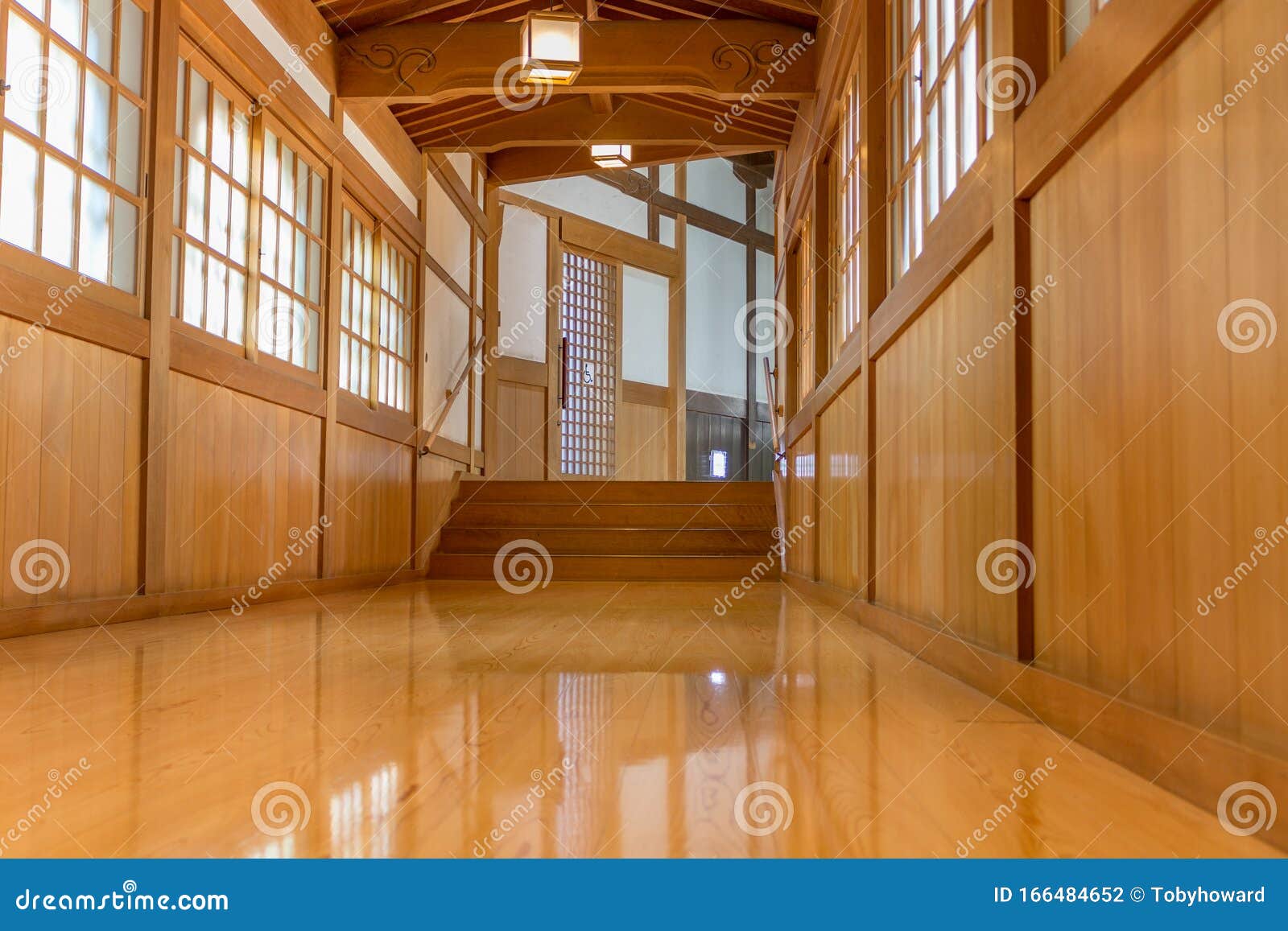 corridor with polished wooden floor, eiheiji, japan