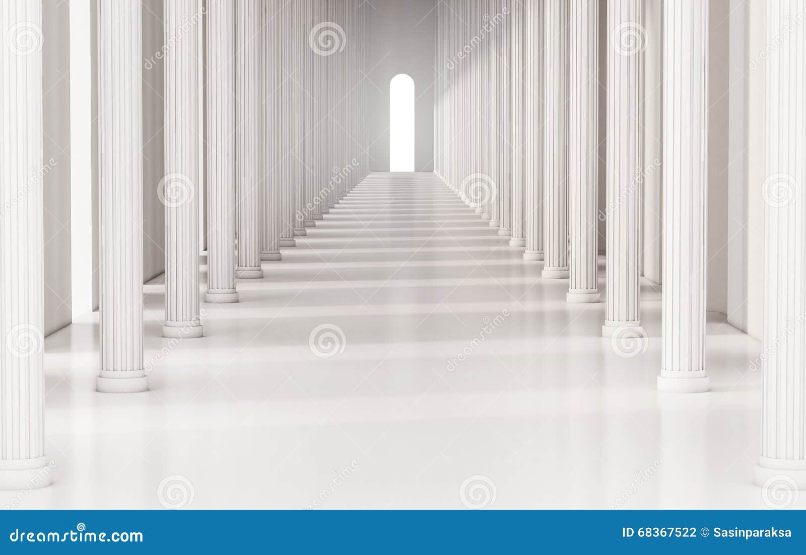 corridor with roman pillars and bright light at the exit, 3d rendered