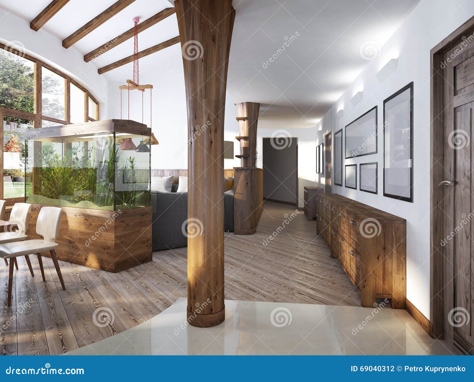 Corridor With A View Of The Living Room With A Wooden Column