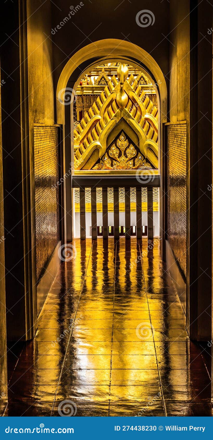 corridor view spire reflection loha prasat hall wat ratchanaddaram bangkok thailand