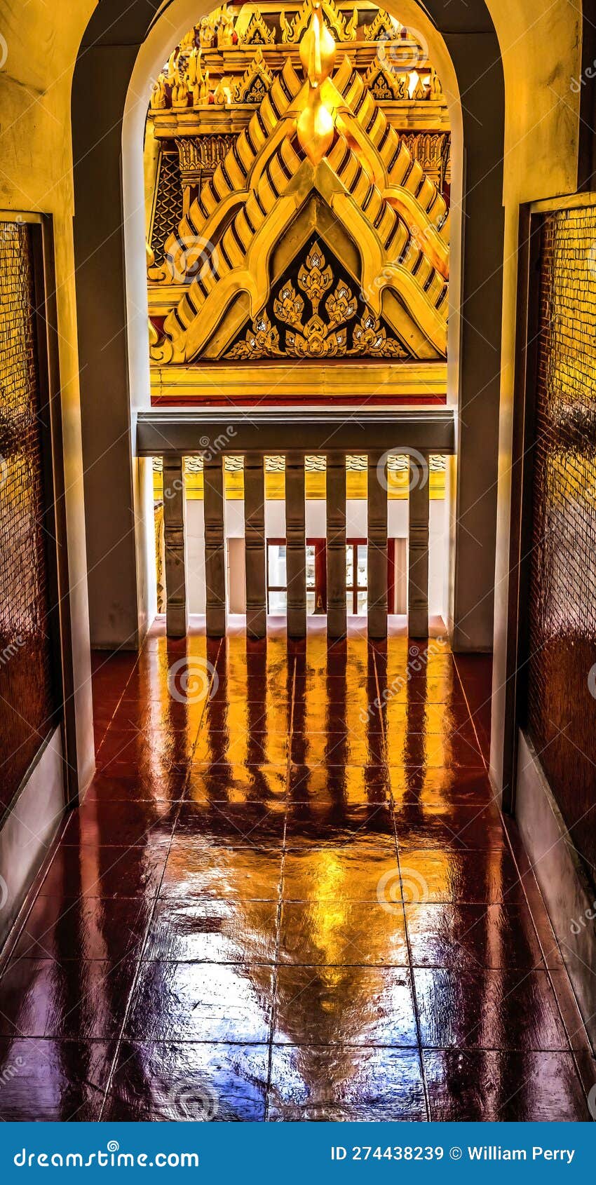 corridor view spire reflection loha prasat hall wat ratchanaddaram bangkok thailand