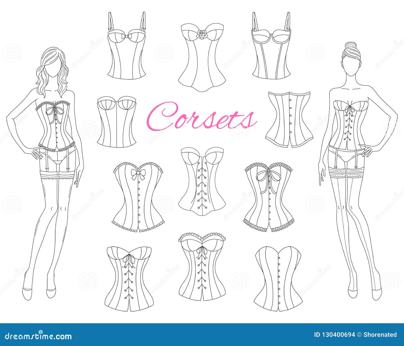 Corsets Collection with Beautiful Fashion Models, Vector Illustration ...