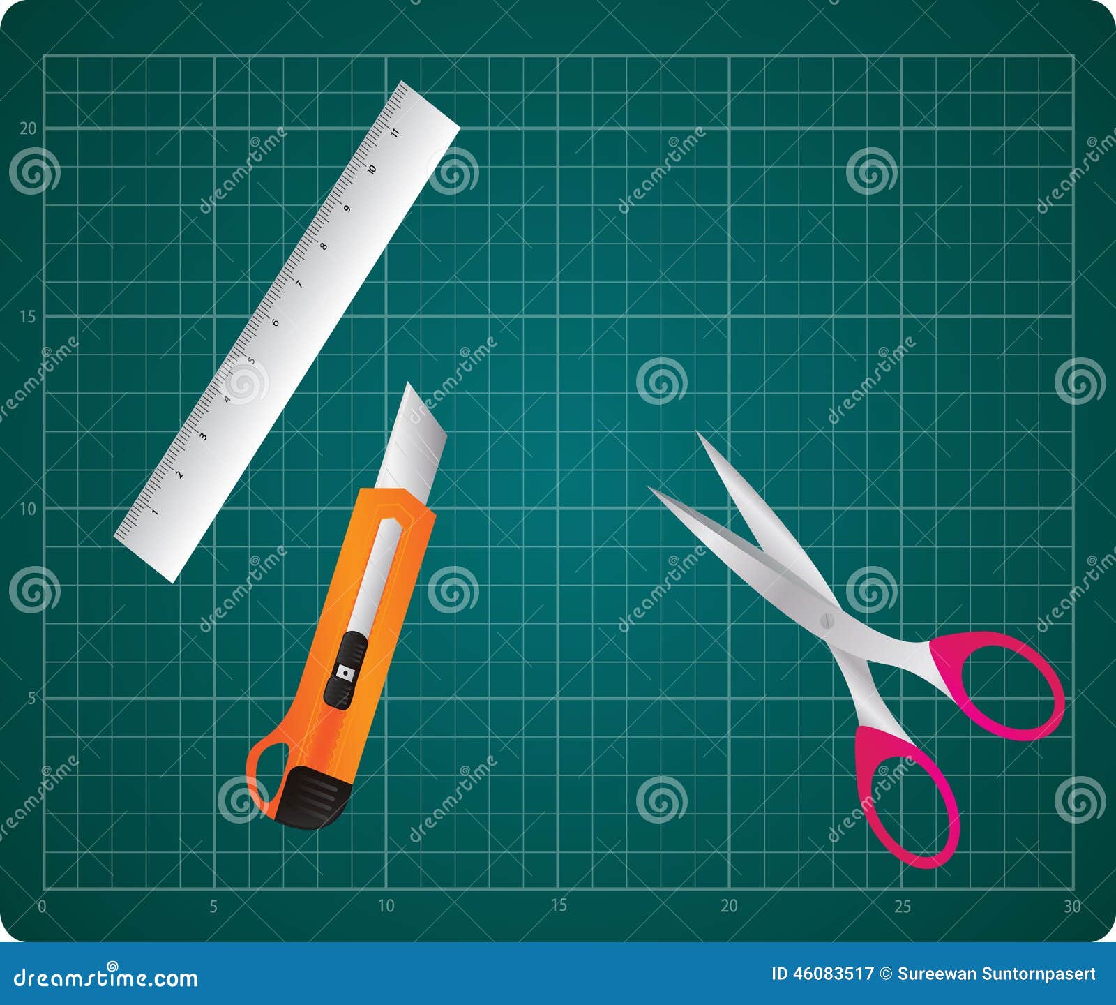 Corte Mat With Box Cutter, Regla Y Tijeras Ilustración del Vector