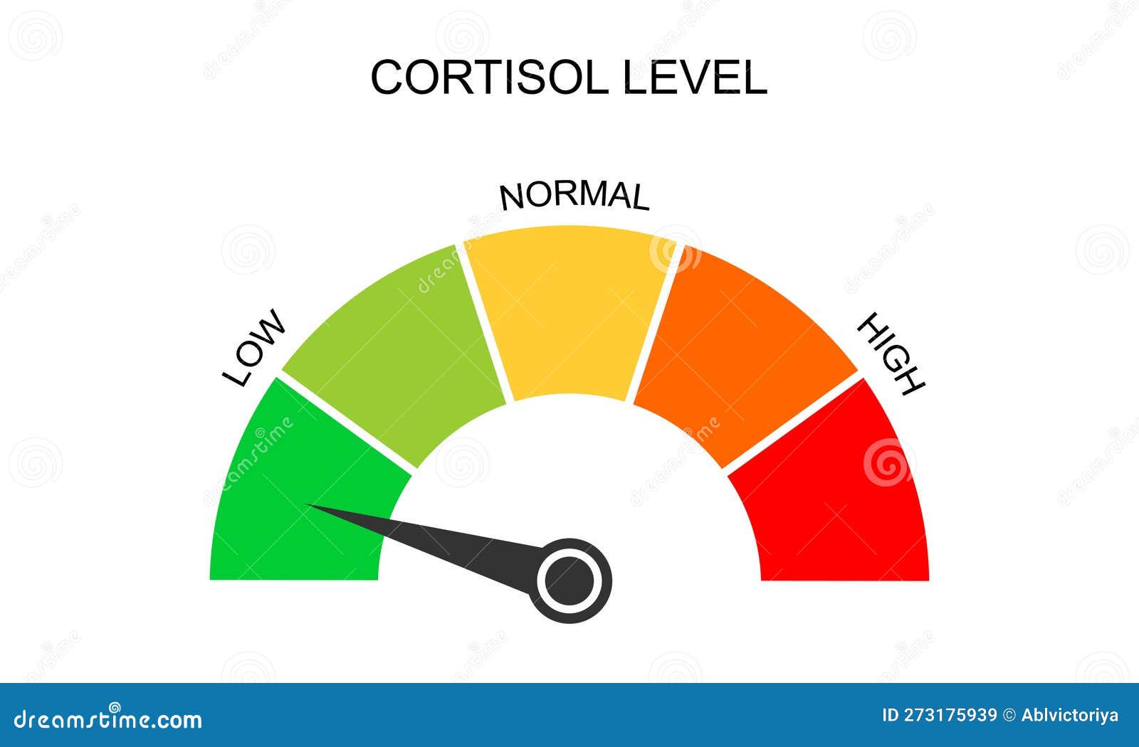 cortisol meter gauge. body stress response levels. round chart with arrow from low to high  on white background