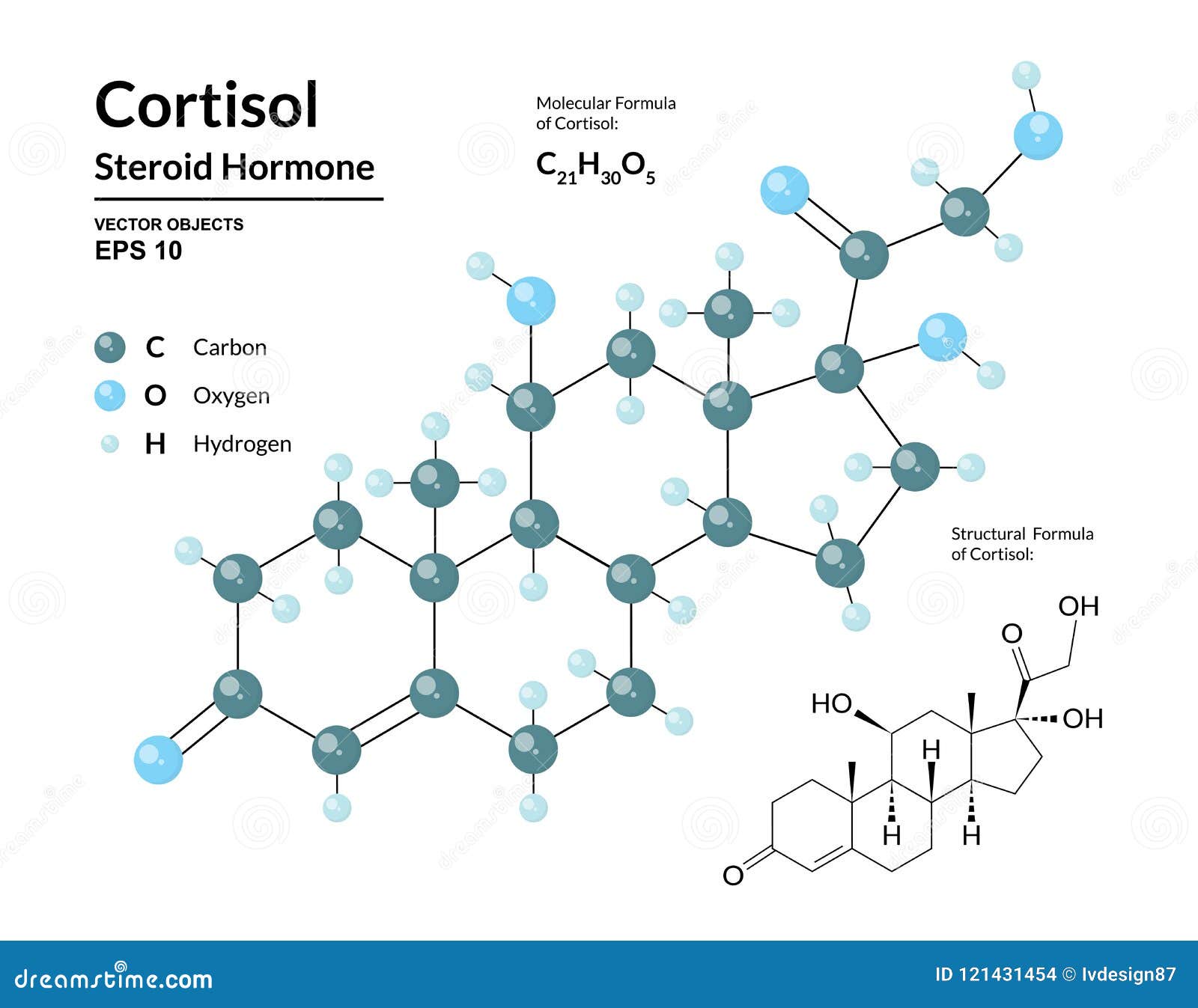 cortisol. steroid hormone. structural chemical molecular formula and 3d model of stress hormone