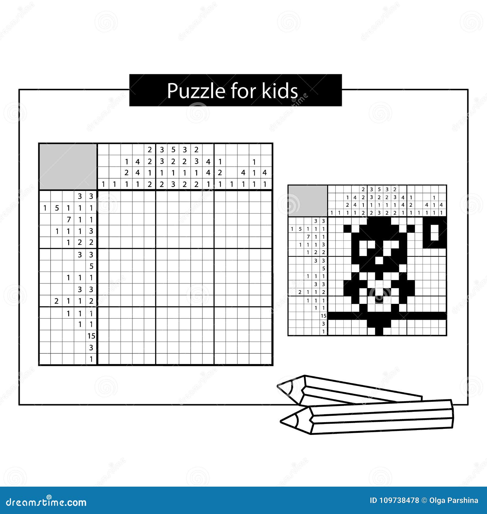 Puzzle de pintar por número (nonogram), jogo educacional para
