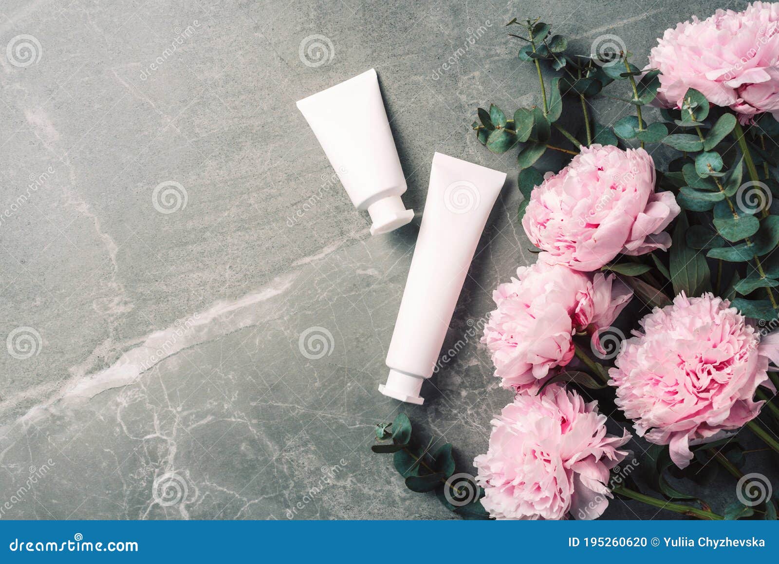 Cosmetic Cream Bottle, Pink Peony Flowers, Eucalyptus ...