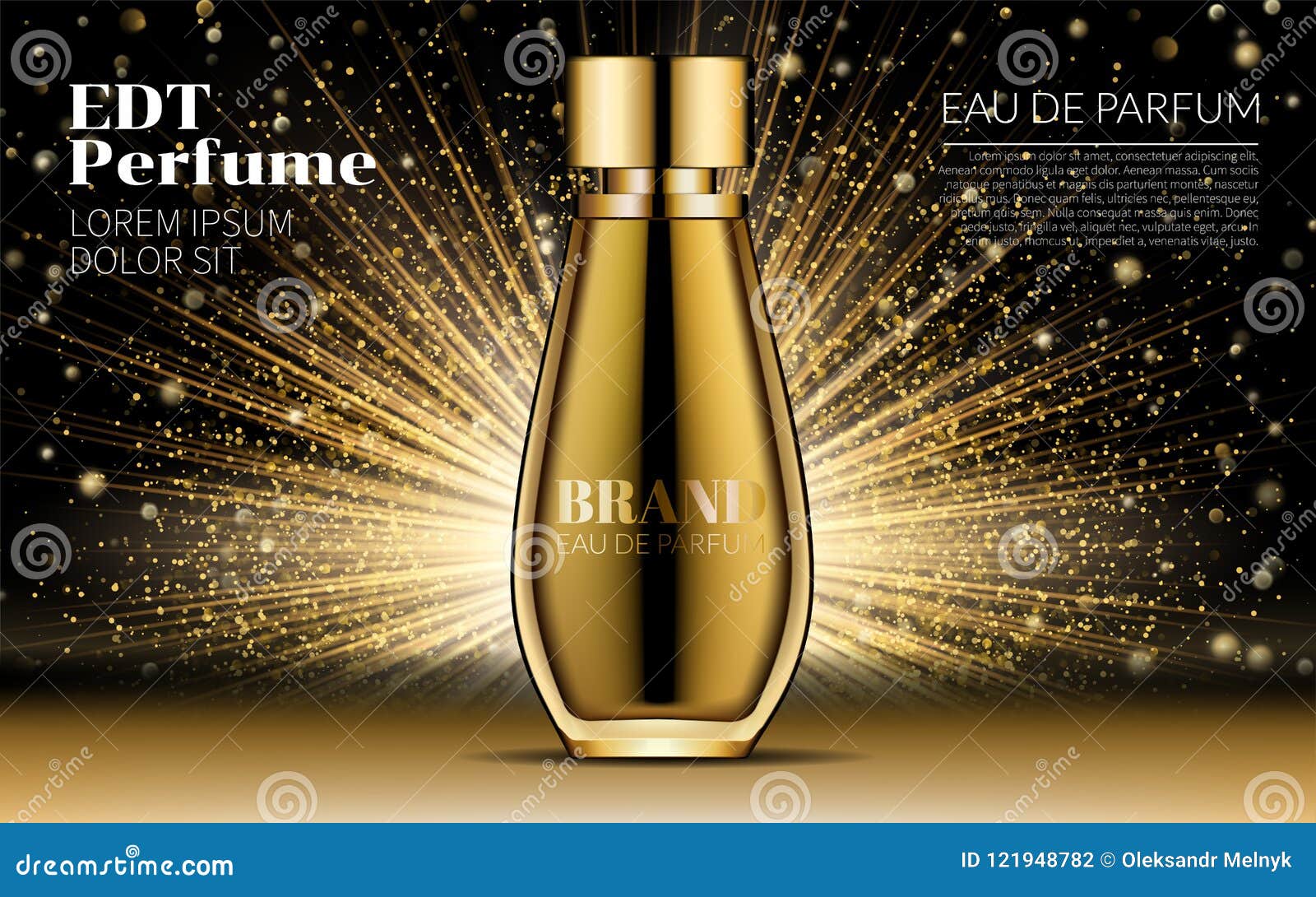 Download Cosmetic Design Product. Realistic Gold Woman Parfume Bottle Mockup On Dazzling Background ...