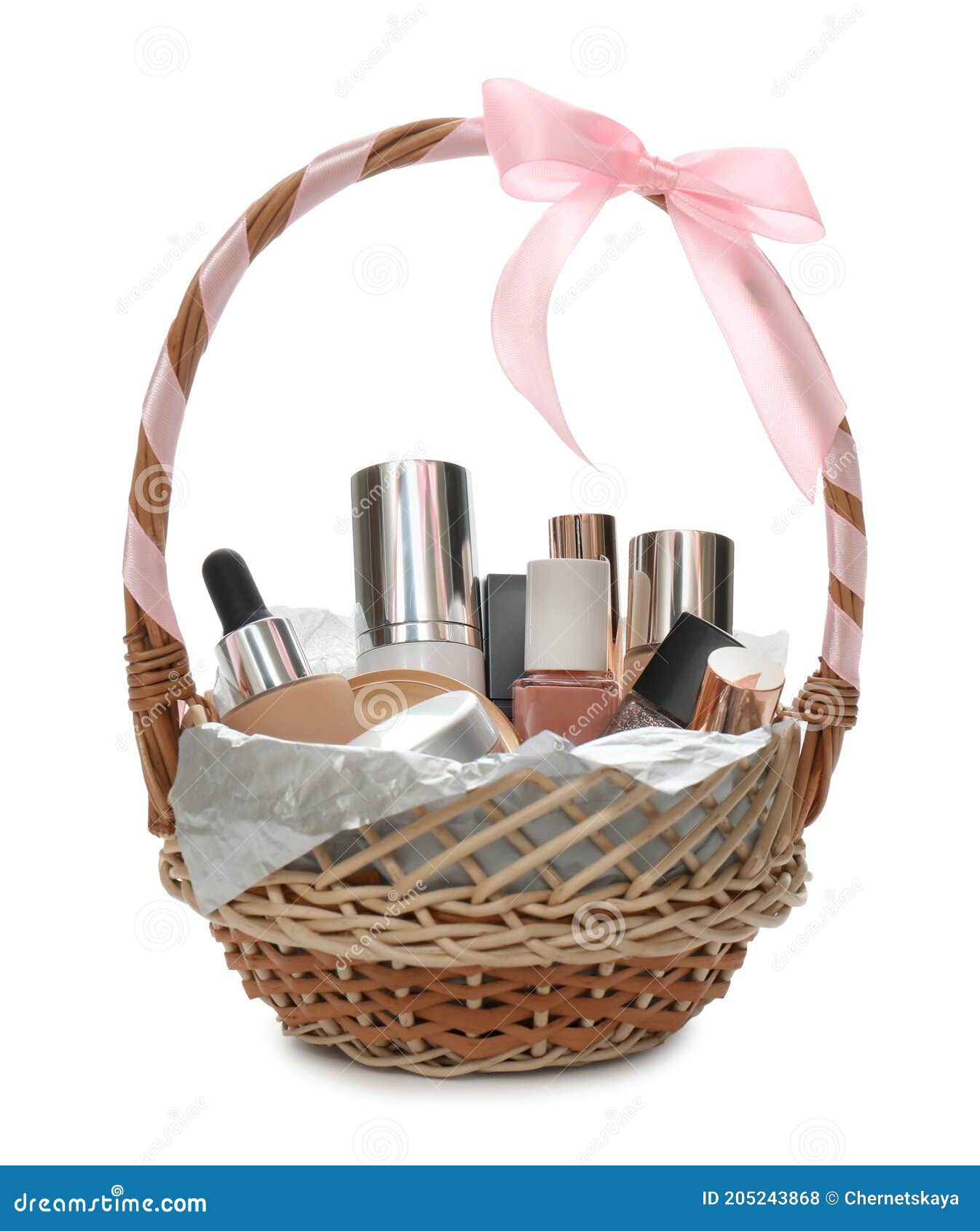 Cosmetic Gift Set in Wicker Basket Isolated on White Stock Photo