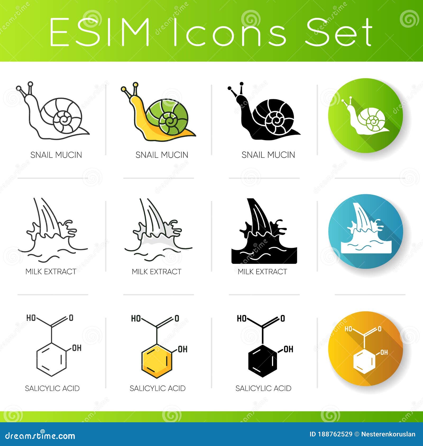 cosmetic ingredient icons set. snail mucin. milk extract. salicylic acid. chemical formula. skincare products componets