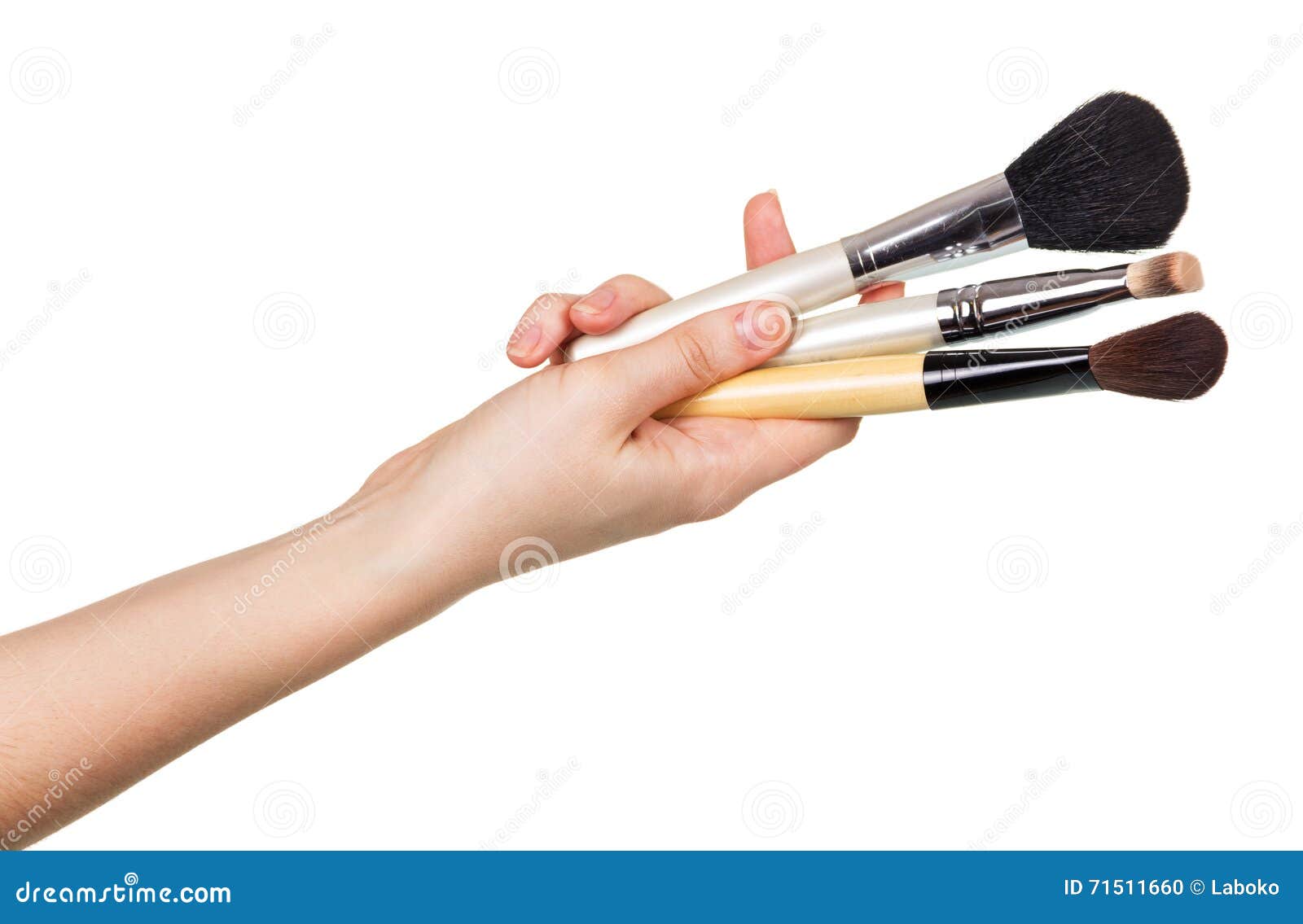 Cosmetic Makeup Brush in Female Hand on White Background. Stock Photo