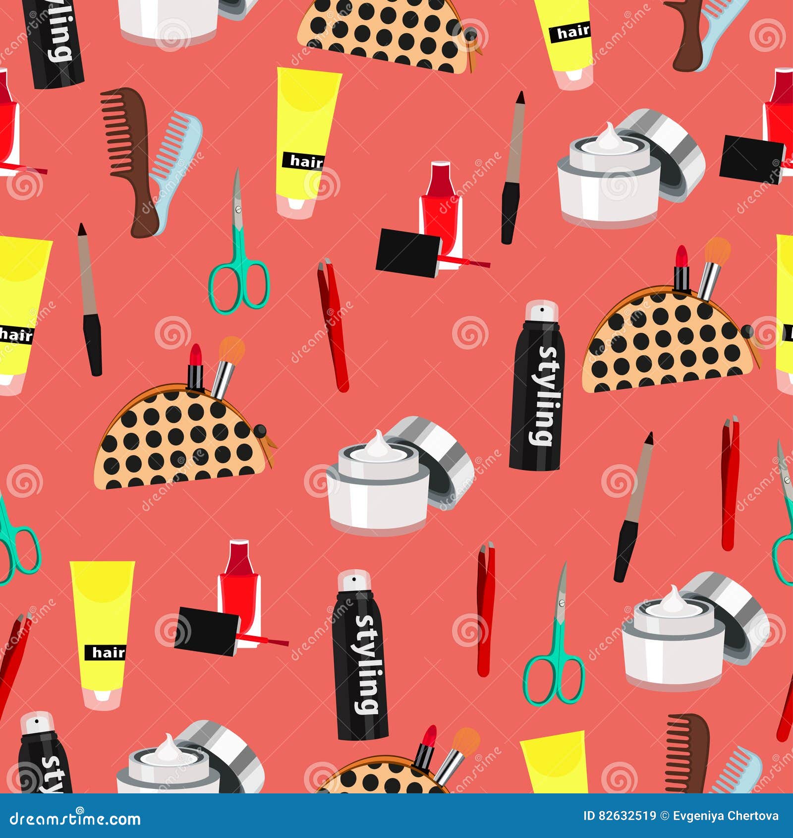 Cosmetic Seamless Pattern, Fashion Accessories Background. Nail Polish,  Makeup, Hair Styling, Spray, Cream, Comb, Scissors, Stick Stock Vector -  Illustration of makeup, background: 82632519