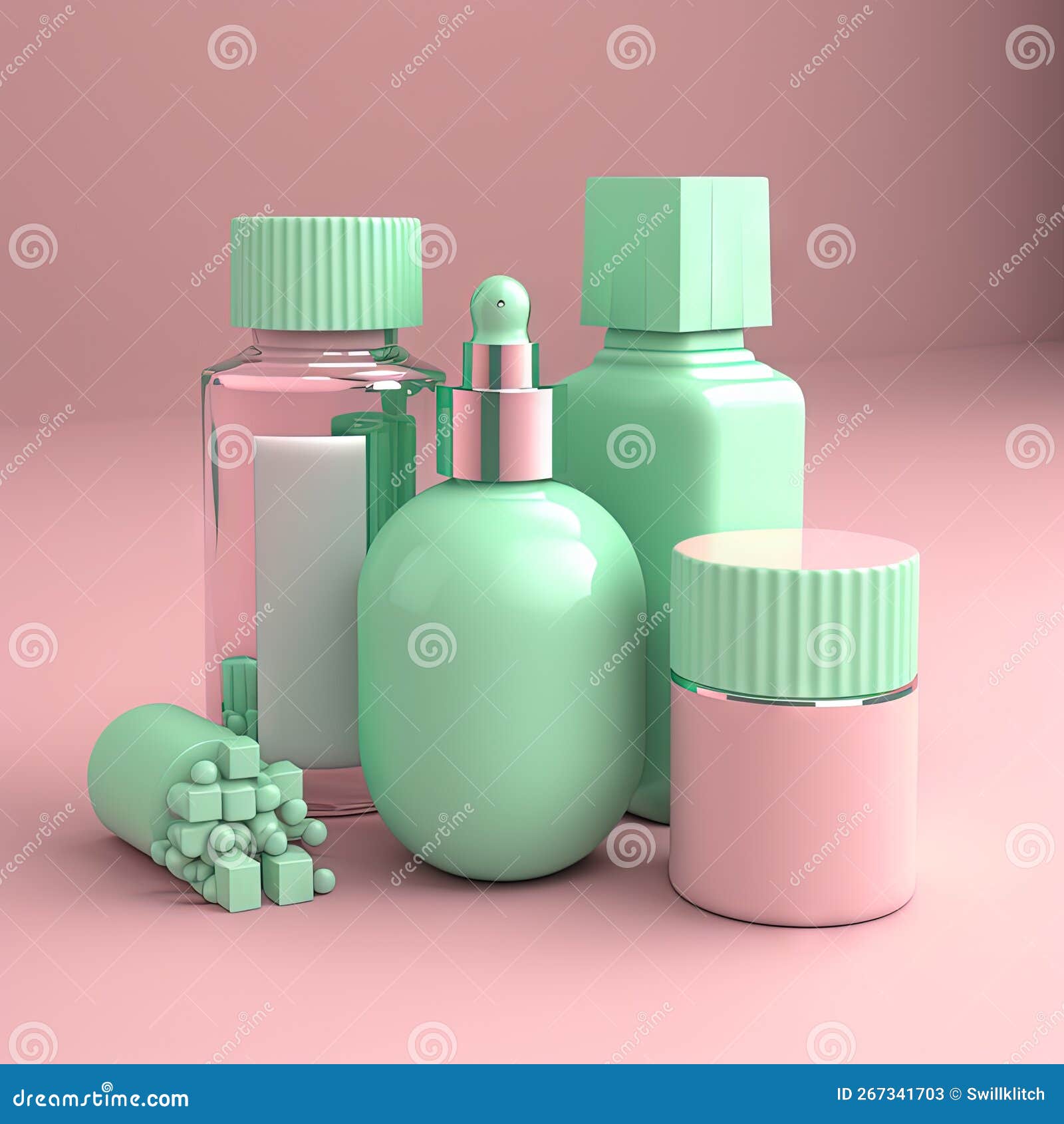 Cosmetics Bottles Mockup. Empty Green Bottles on the Pink Background