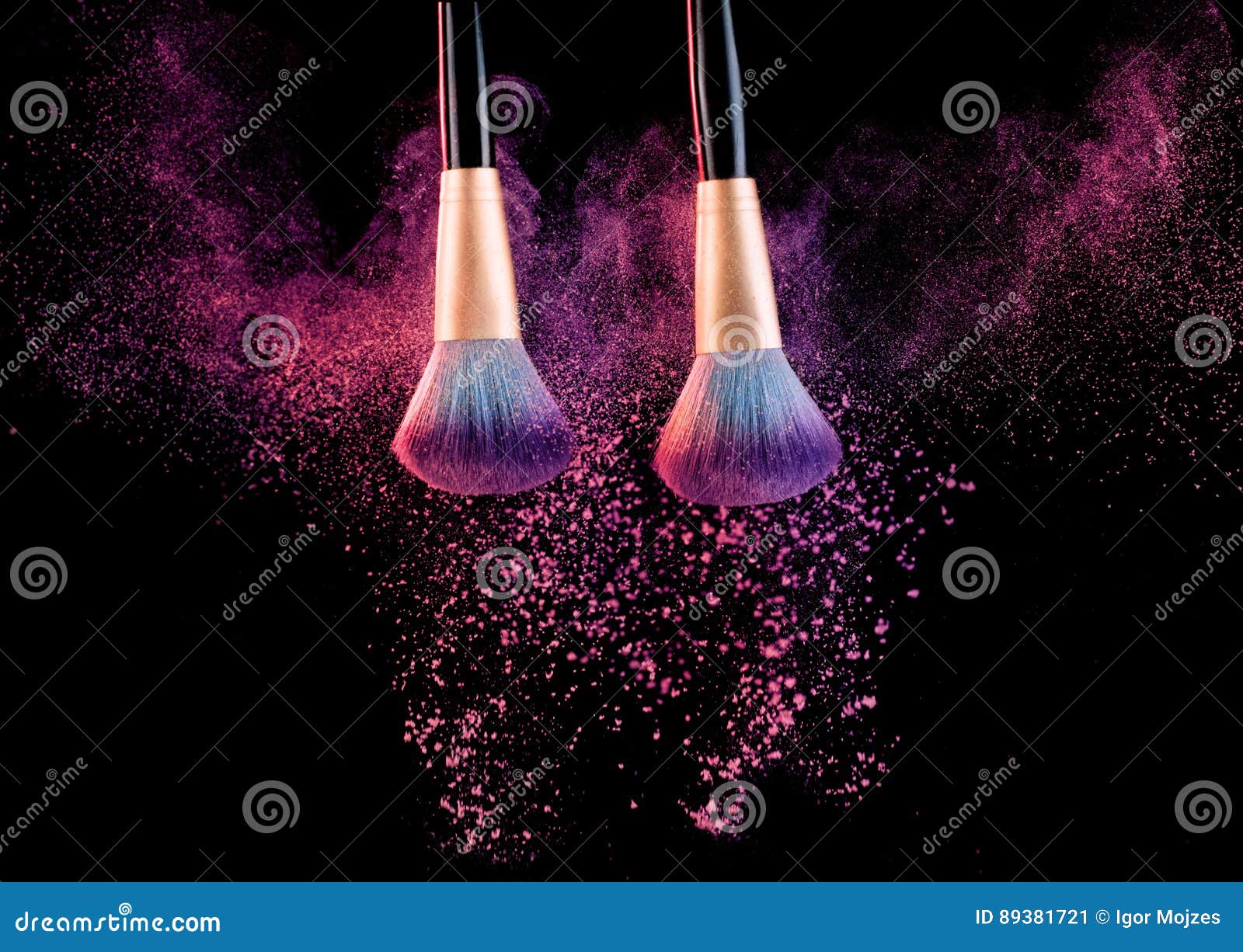 Cosmetics Brush with Powder Explosion on Black Stock Image Image of