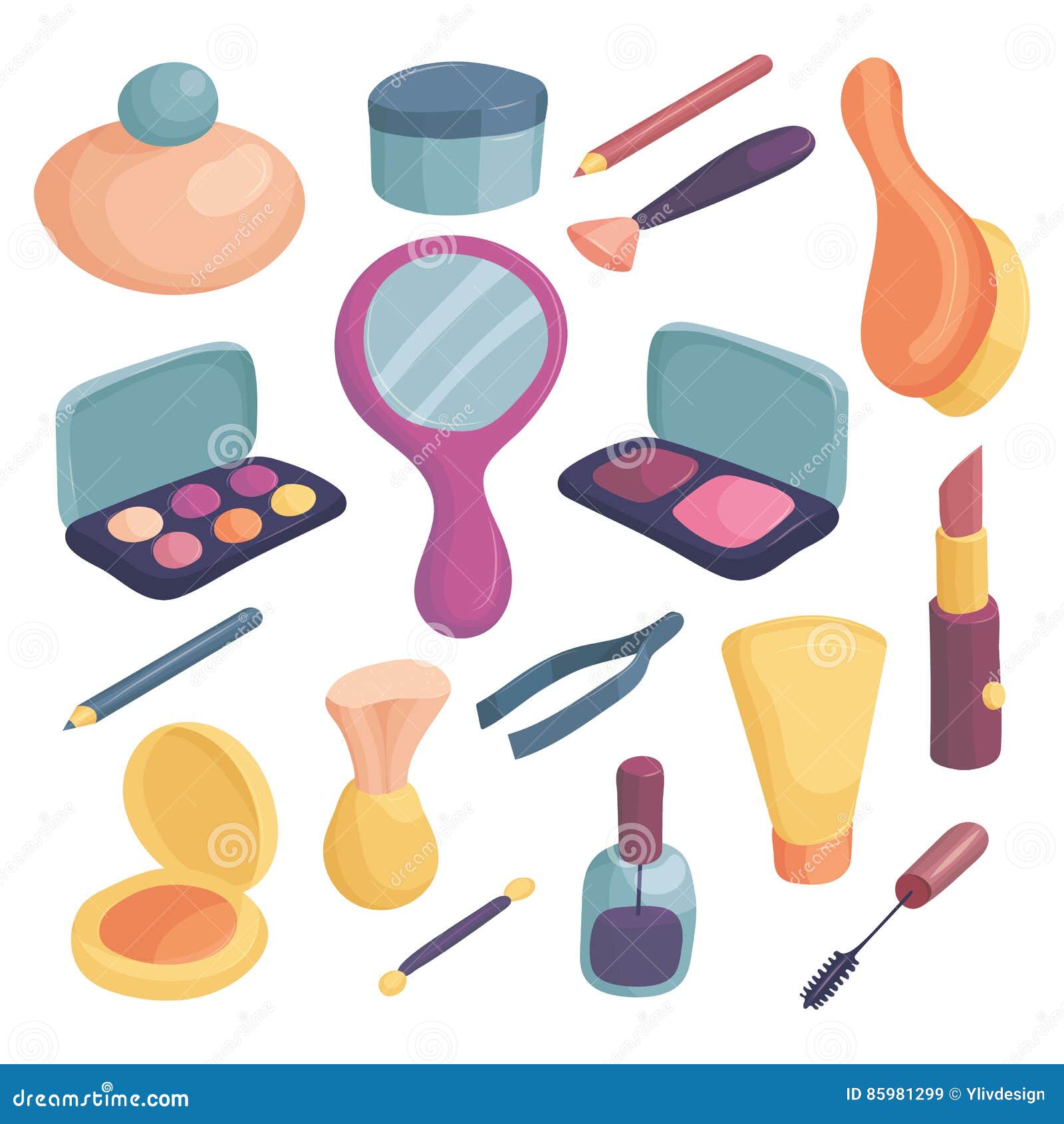 Cosmetics Icons Set, Cartoon Style Stock Vector Illustration of femininity, brush 85981299