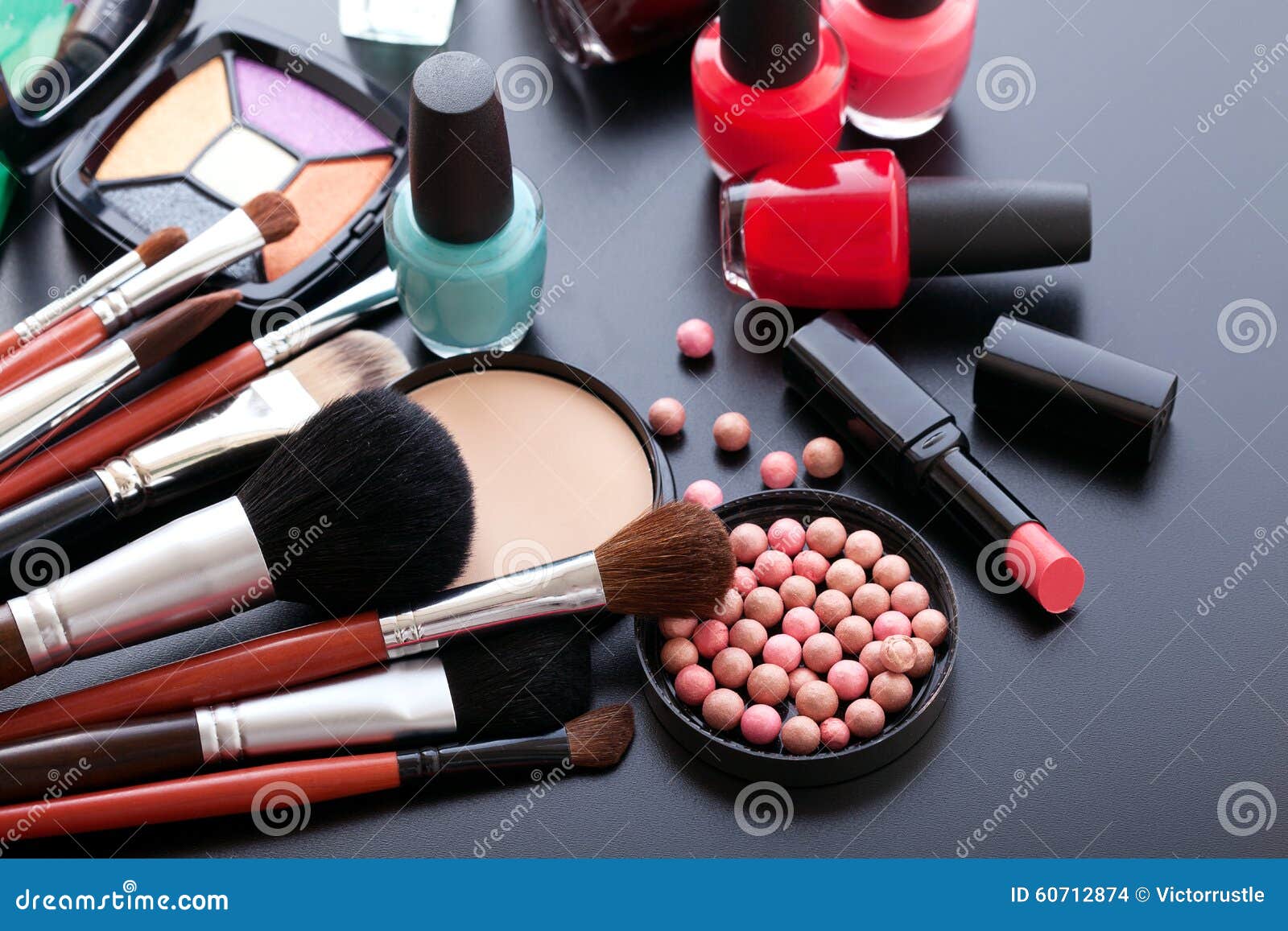 Cosmetics Make Up On Black Background Top View Stock Photo Image