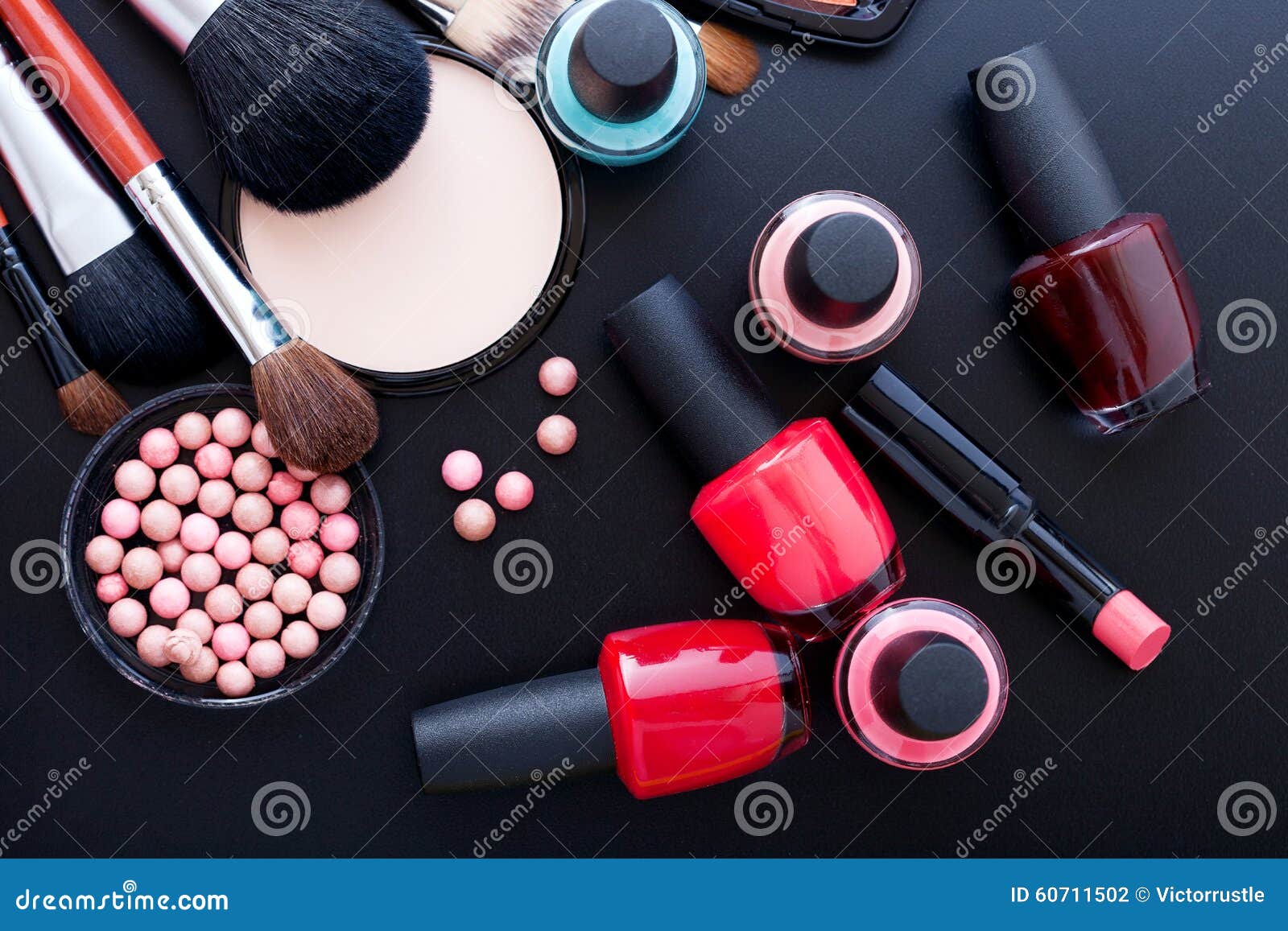 Cosmetics Make Up On Black Background Top View Mock Up Stock Photo