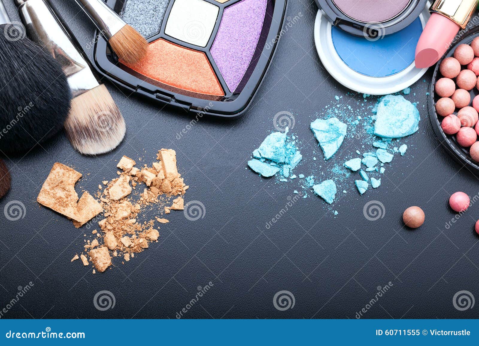 Cosmetics Make Up On Black Background Top View Mock Up Stock Image