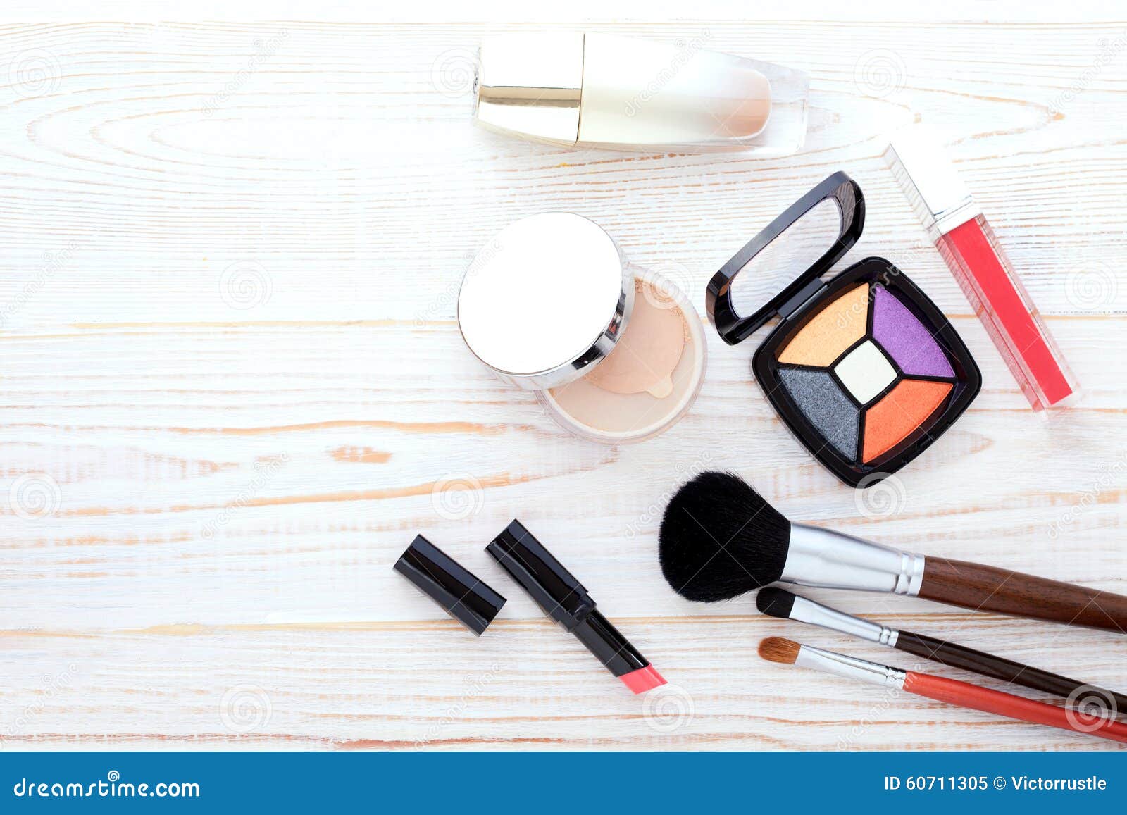 Cosmetics Make Up On White Wooden Background Top View Mock Up