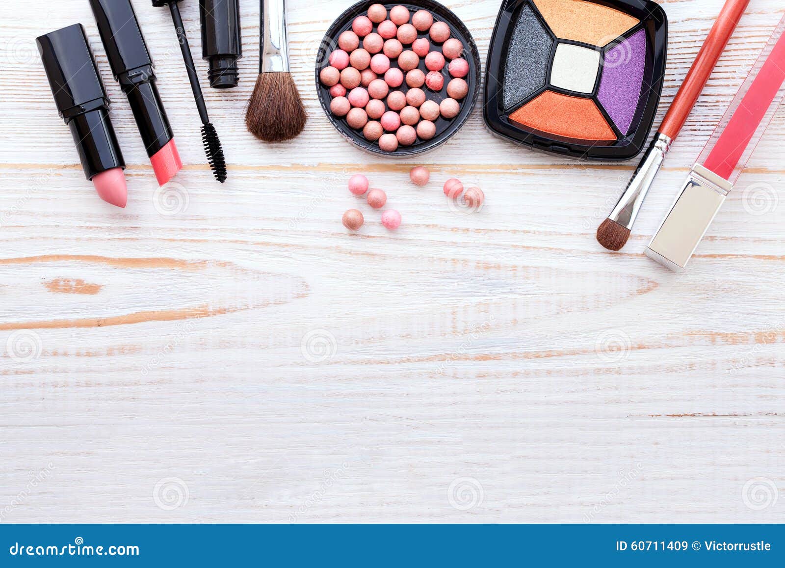 Cosmetics Make Up On White Wooden Background Top View Mock Up