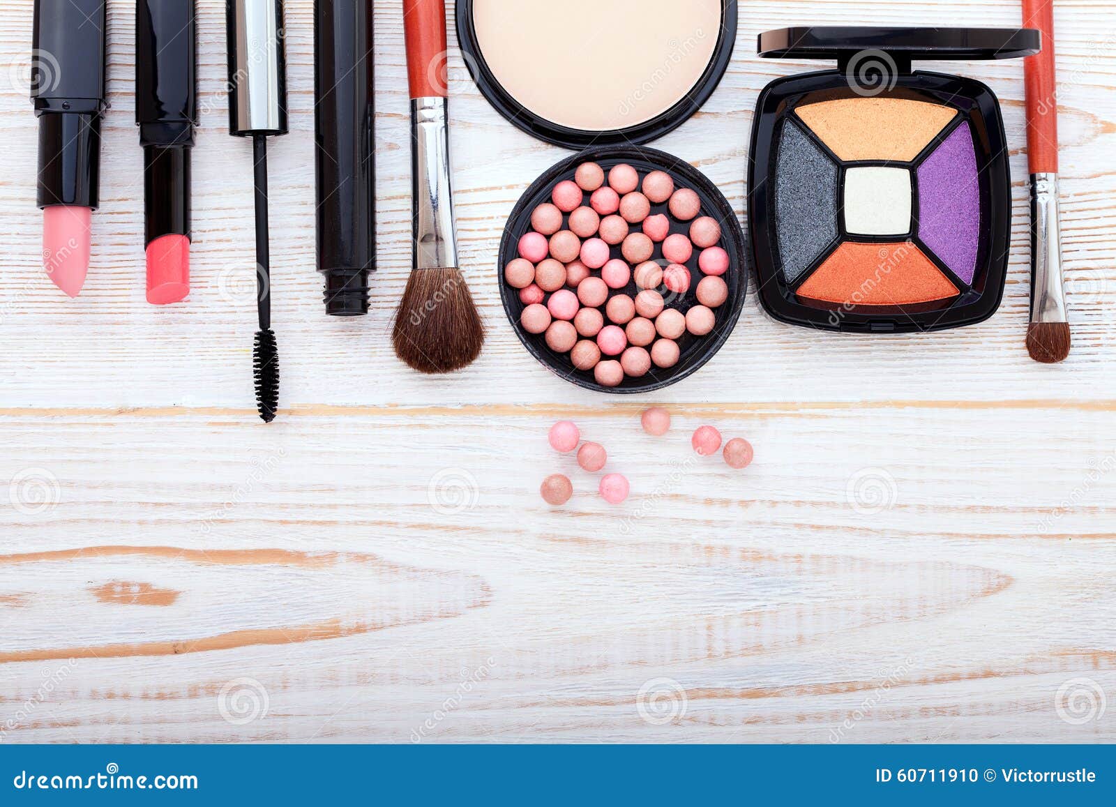 Cosmetics Make Up On White Wooden Background Top View Mock Up