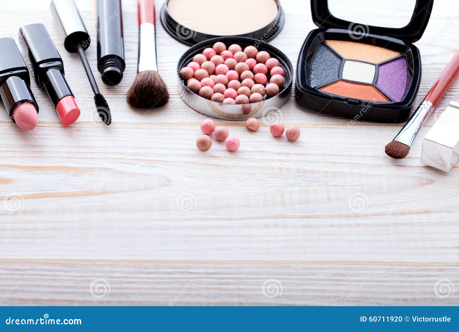 Cosmetics Make Up On White Wooden Background Top View Mock Up