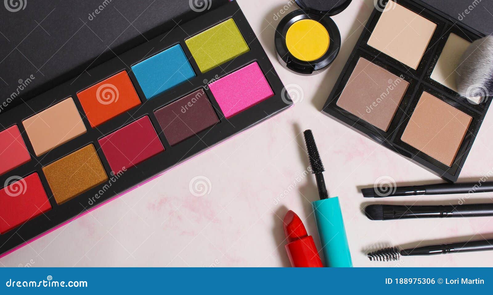 Cosmetic Palettes and Brushes on Pink Paper Stock Photo Image of