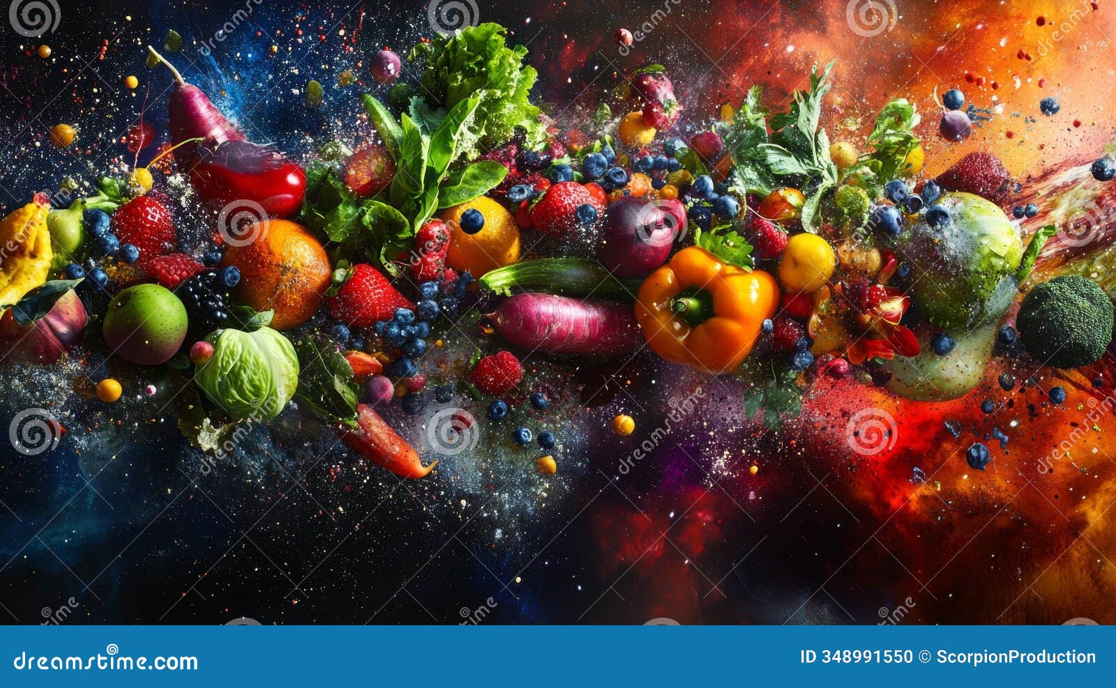 cosmic arrangement of fruits and vegetables with colorful backdrop