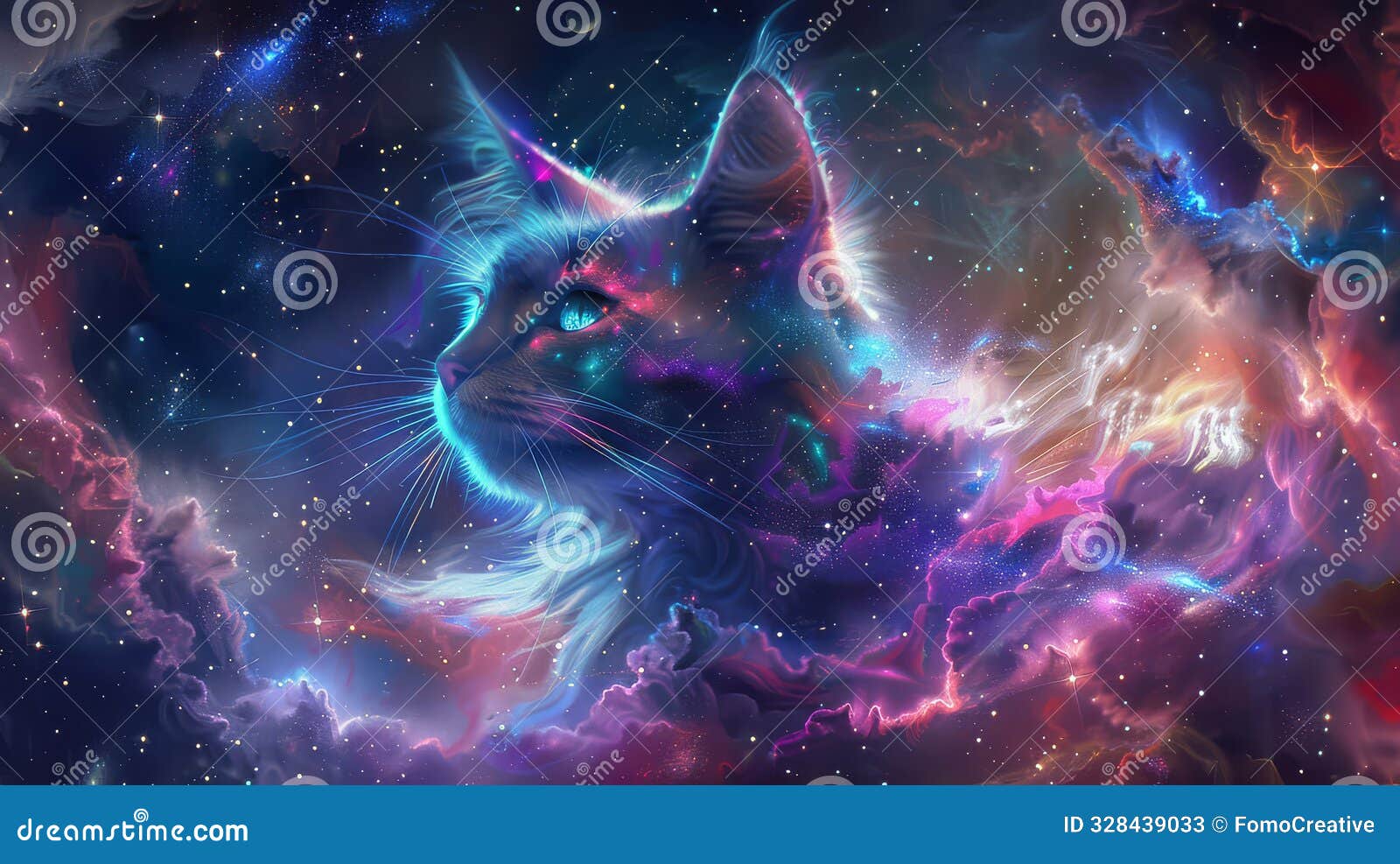 a cosmic cat's profile amidst nebulas and stars