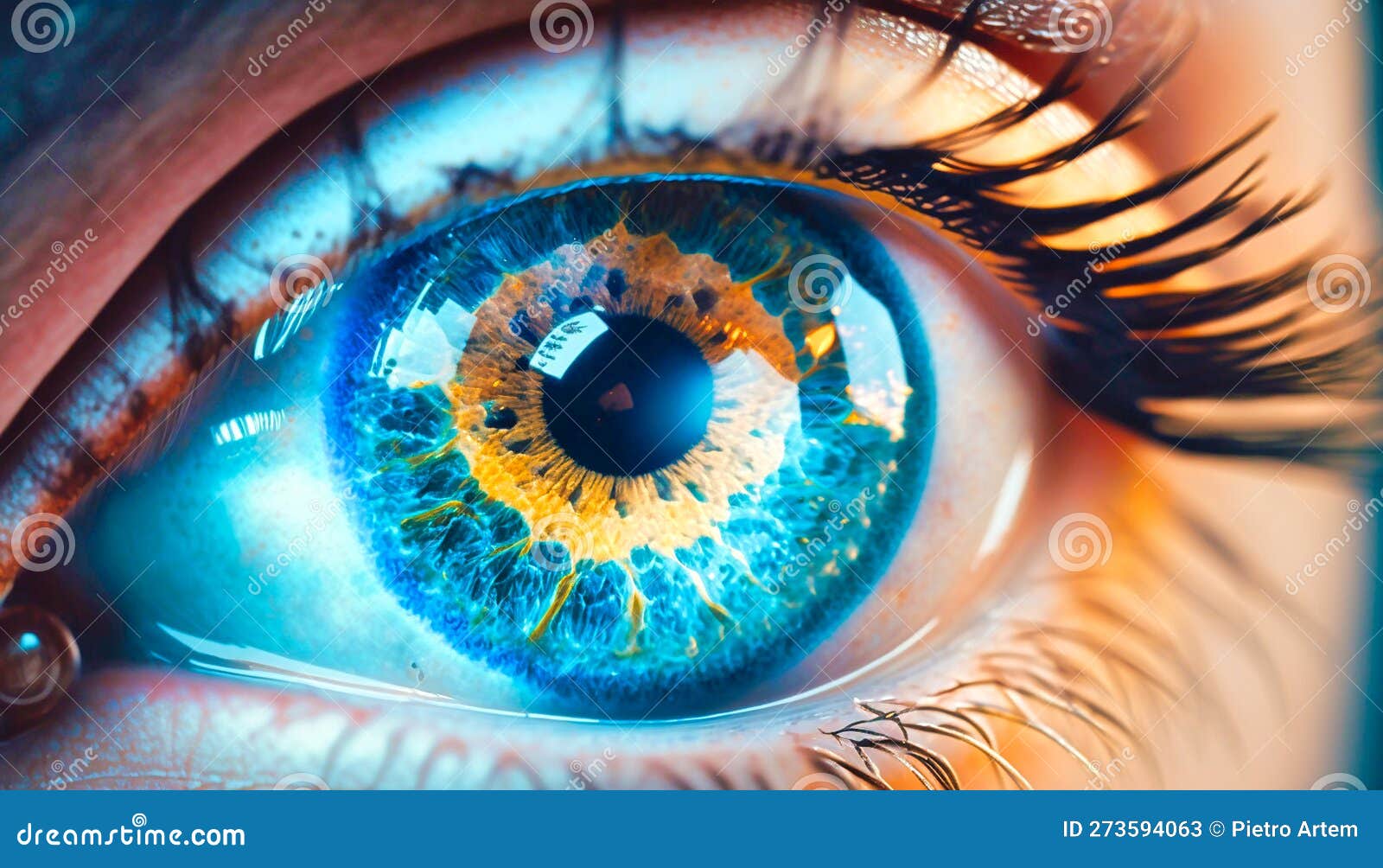 cosmic human eyes in close range light blue, generative ai
