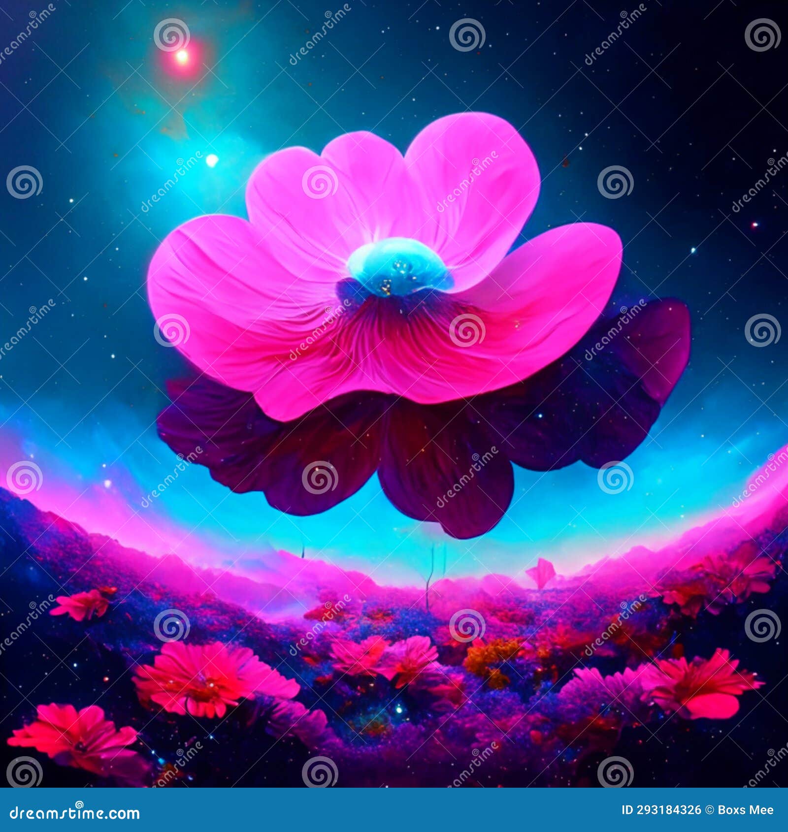 Cosmos Flower in Deep Space, 3d Rendering. Computer Digital Drawing